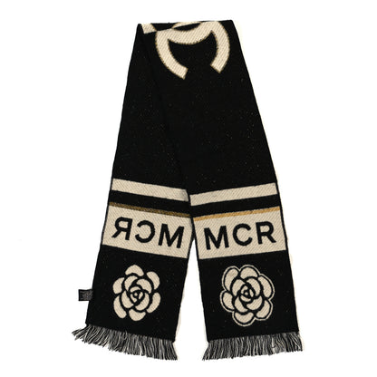 Chanel Cashmere Wool Metallic Fiber Manchester Camellia Fringe Scarf Black White 2 of 3