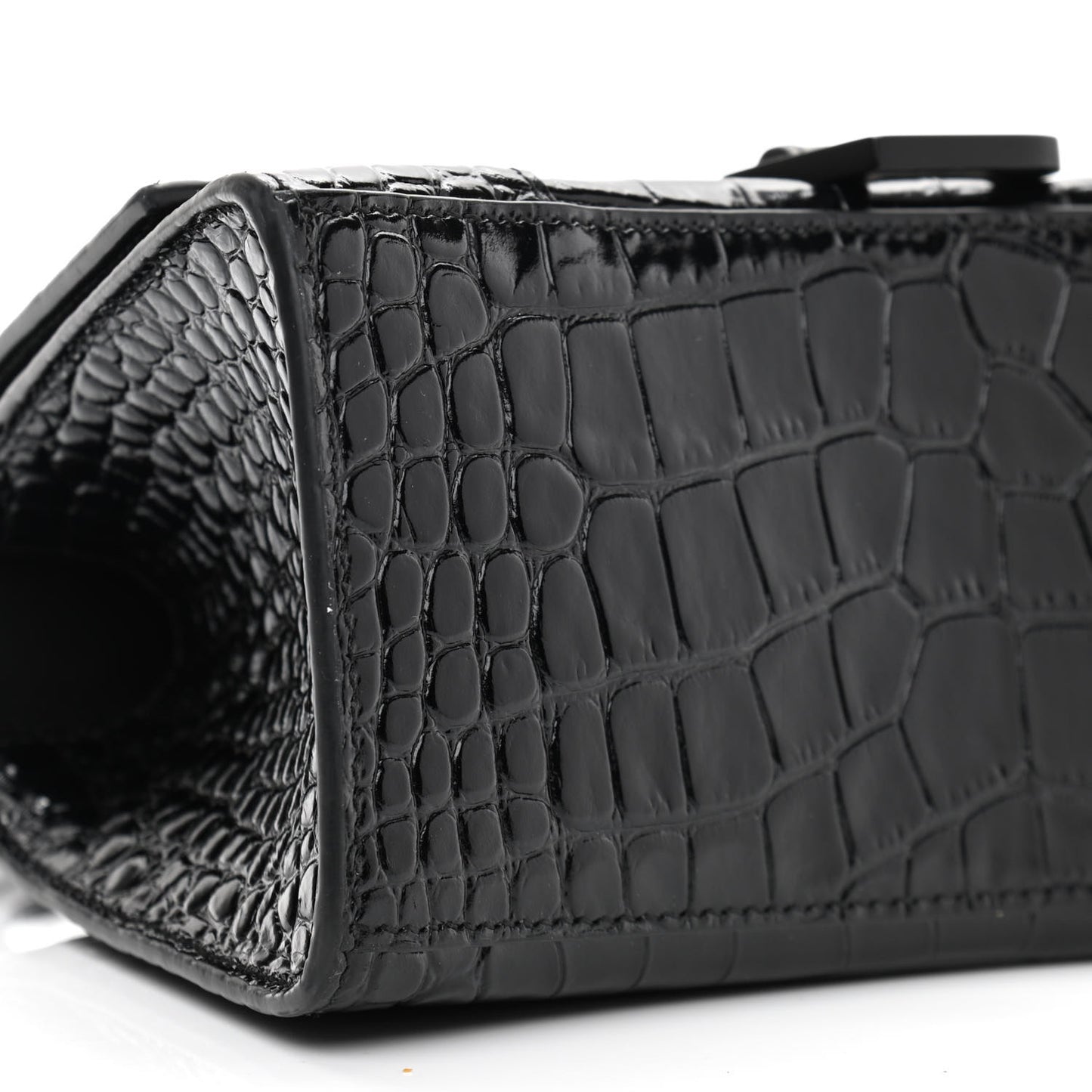 Shiny Calfskin Monochrome Crocodile Embossed Small Hourglass Top Handle Bag Black