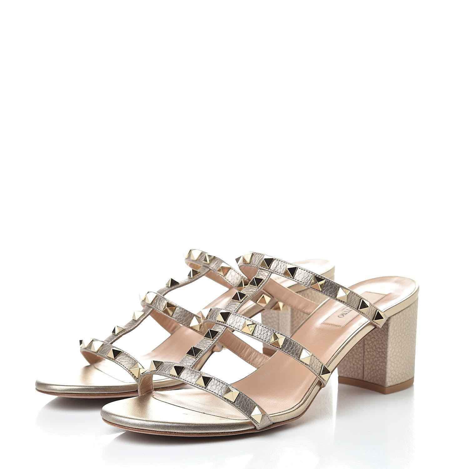 Valentino Garavani Metallic Pebbled Calfskin Rockstud 60mm Caged Slide Sandals 40 Skin 3 of 8