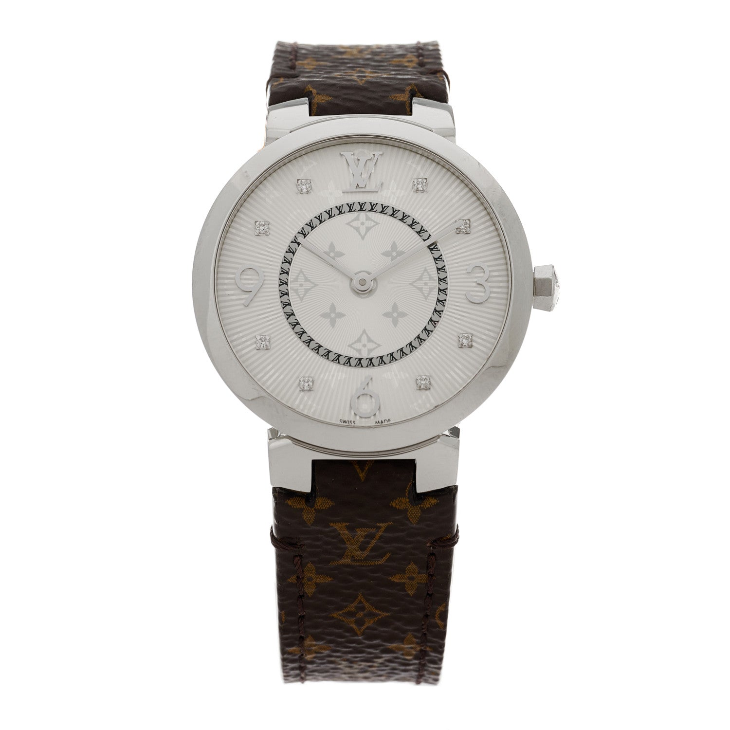 Louis Vuitton Stainless Steel Monogram Diamond 33mm Tambour Slim Quartz Watch 1 of 5