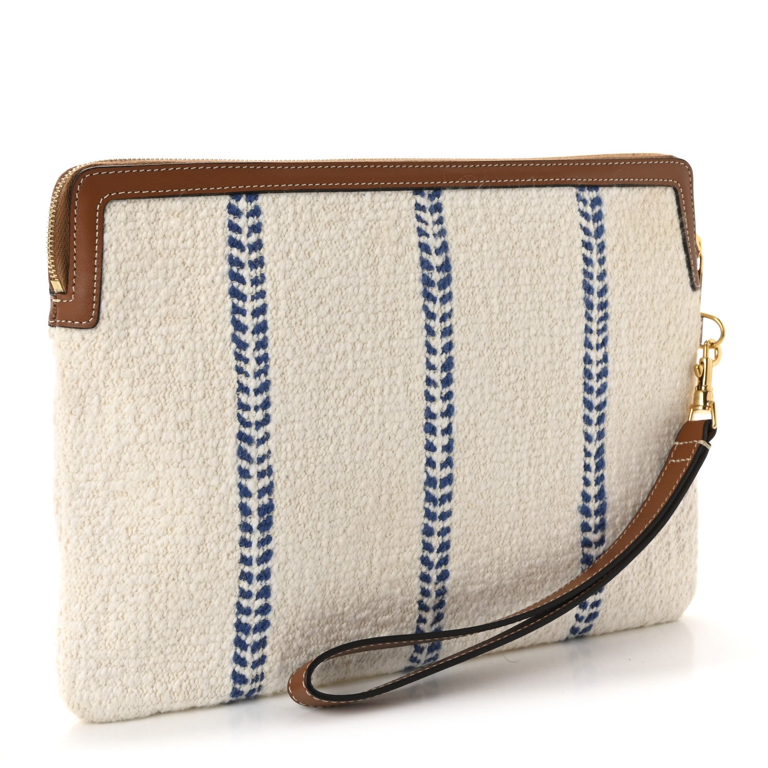 Celine Canvas Calfskin Stripe Triomphe Pouch Thais White Blue 3 of 7
