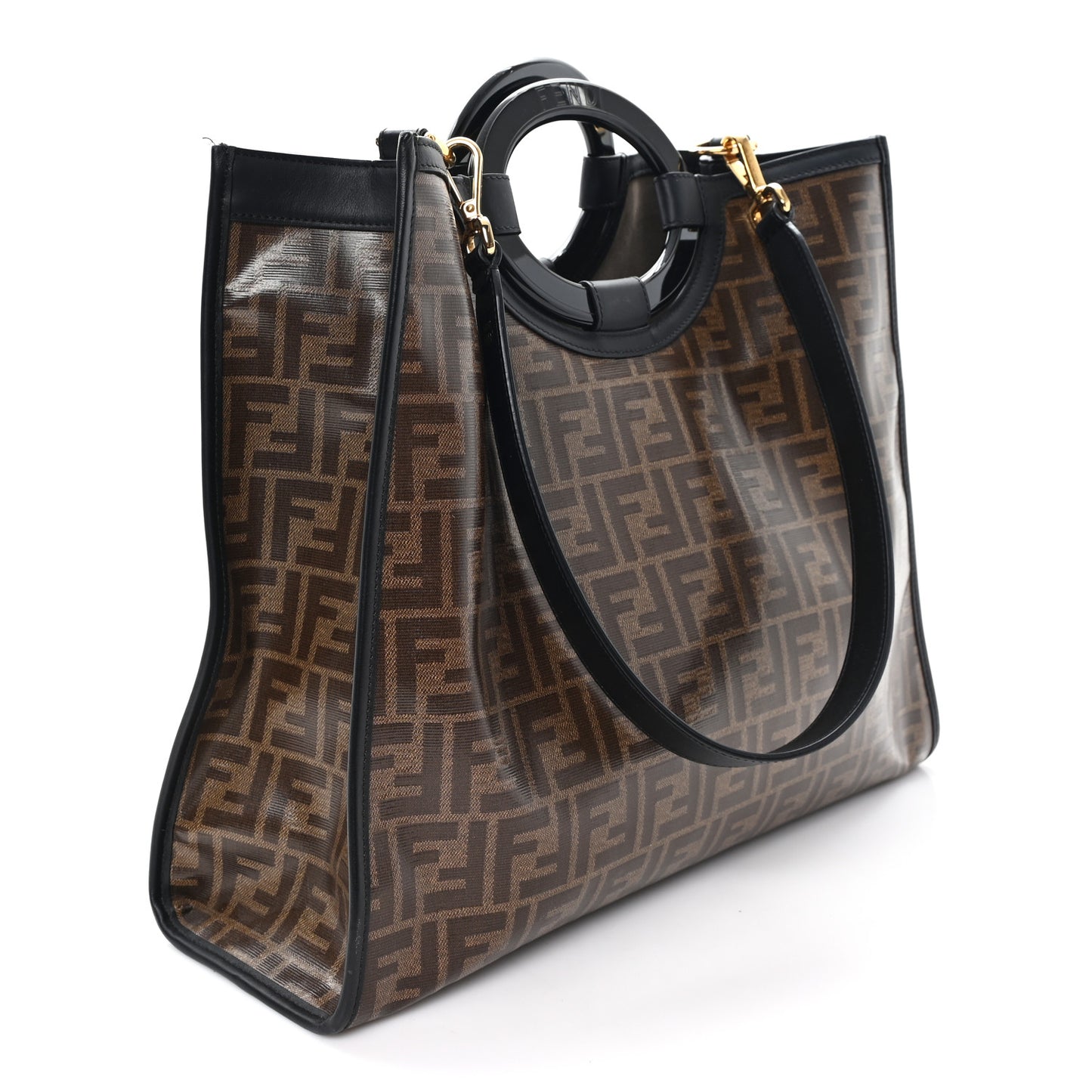 Glazed Fabric Vitello Century Plexiglass FF 1974 Stamp Patch Medium Runaway Shopper Tote Mogano Panna Black