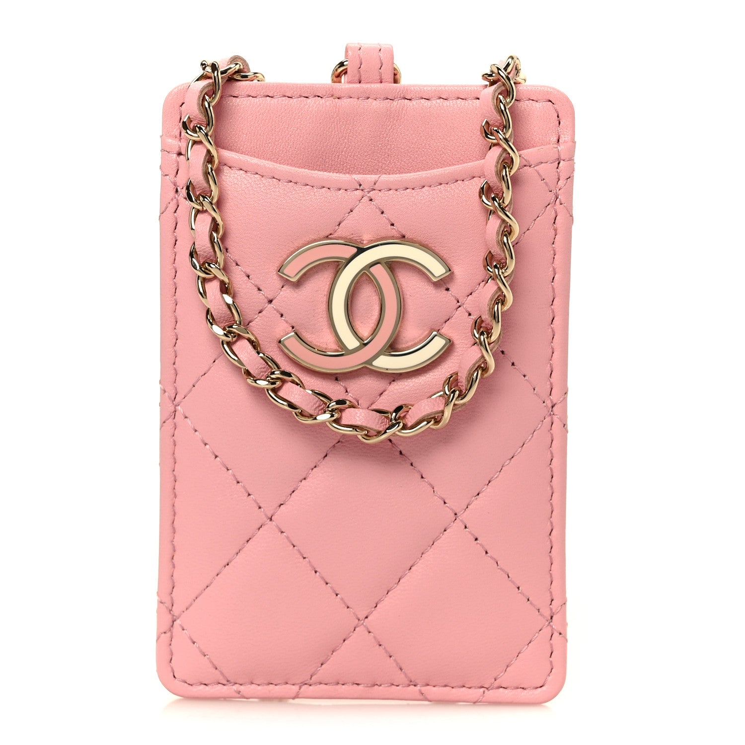 Chanel Lambskin Quilted Enamel Chanel Card Holder On Chain Light Pink 1 of 10