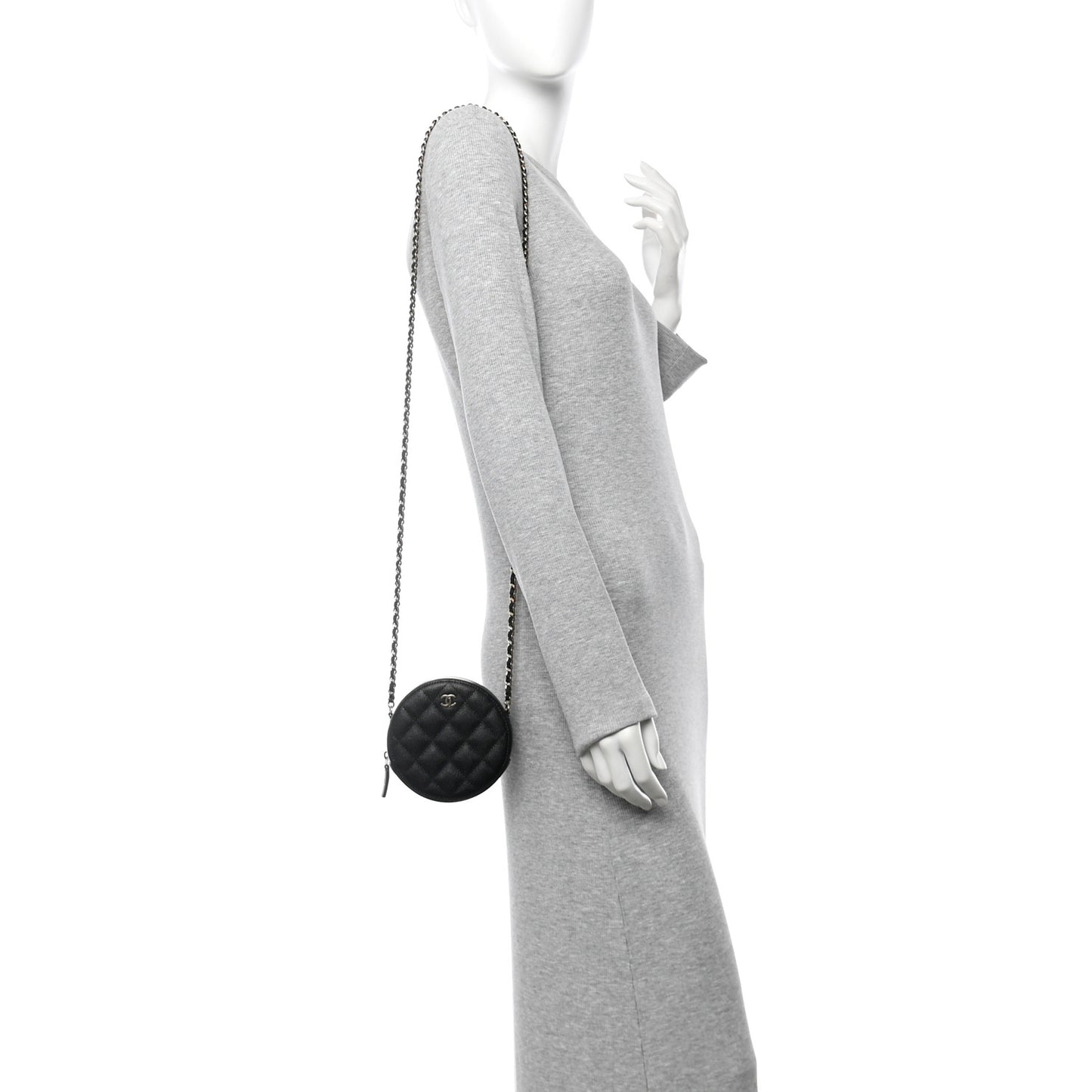 Caviar Quilted Round Clutch With Chain  Black