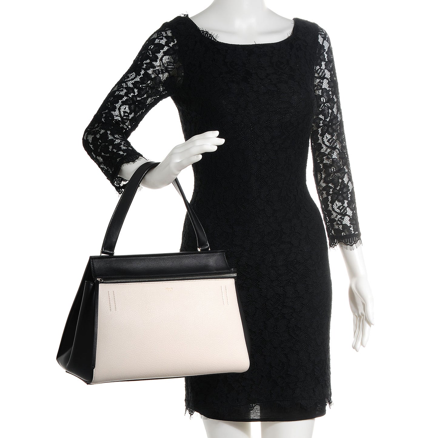 Textured Calfskin Small Bi-Color Edge Shoulder Bag Black Cream