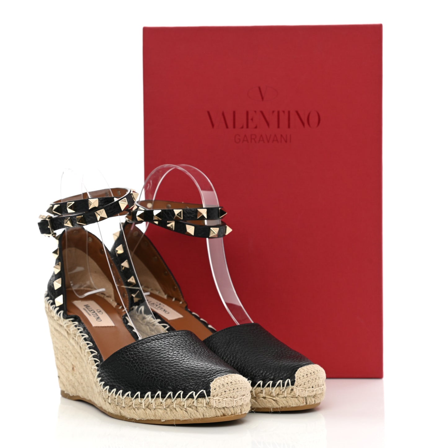 Grained Calfskin Rockstud Ankle Wrap Espadrille 15/85mm Wedges 36 Black Light Cuir