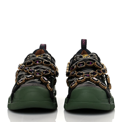 Gucci X SEGA Mesh Suede Calfskin Removable Crystals Mens Flashtrek Sneakers 8 Loess Black Olive Green 2 of 6