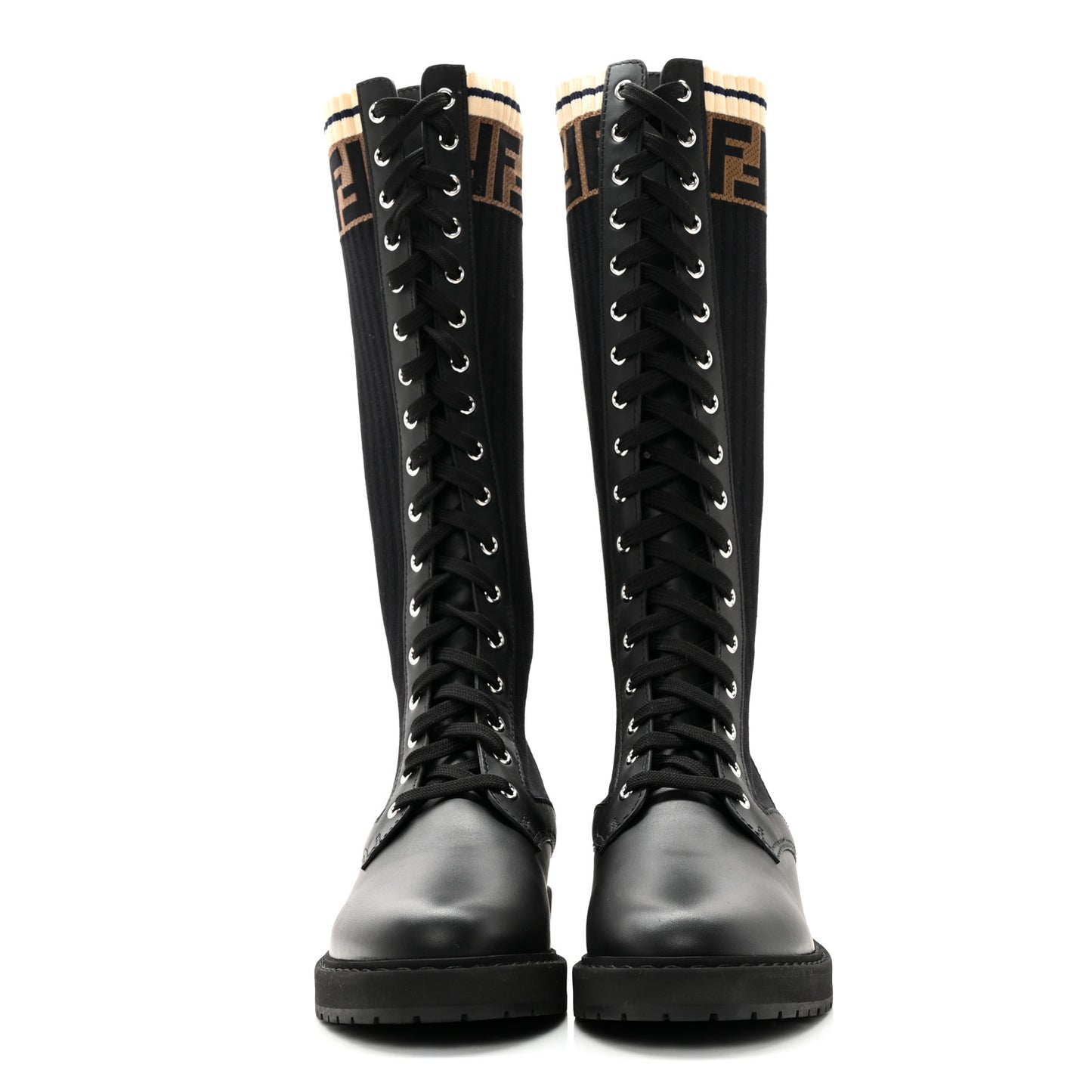 Calfskin Stretch Fabric FF Rockoko Tall Biker Boots 38 Tobacco Black Marino