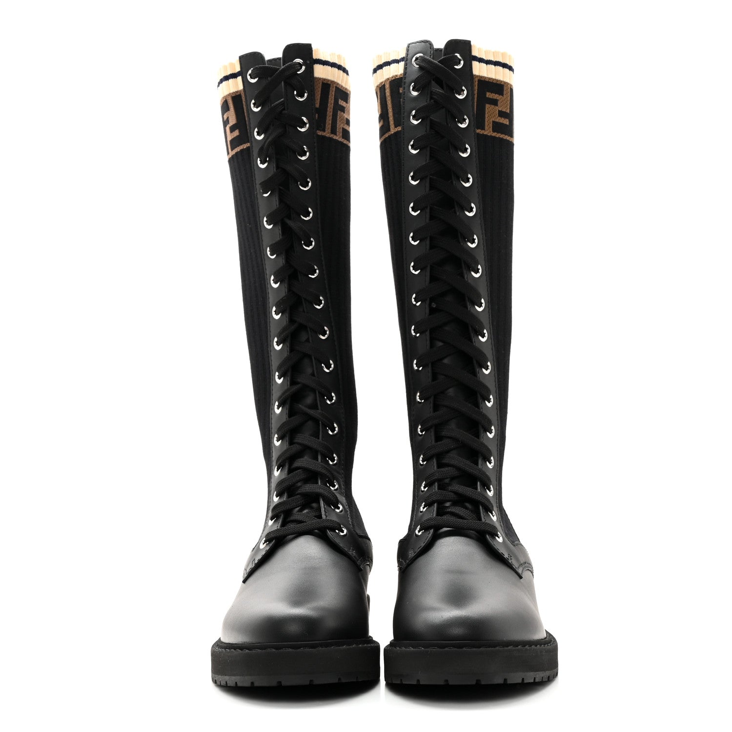 Fendi Calfskin Stretch Fabric FF Rockoko Tall Biker Boots 38 Tobacco Black Marino 2 of 8