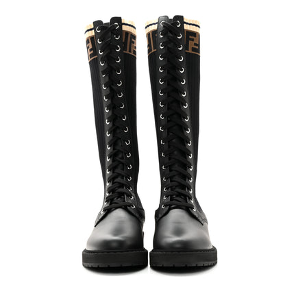 Fendi Calfskin Stretch Fabric FF Rockoko Tall Biker Boots 38 Tobacco Black Marino 2 of 8