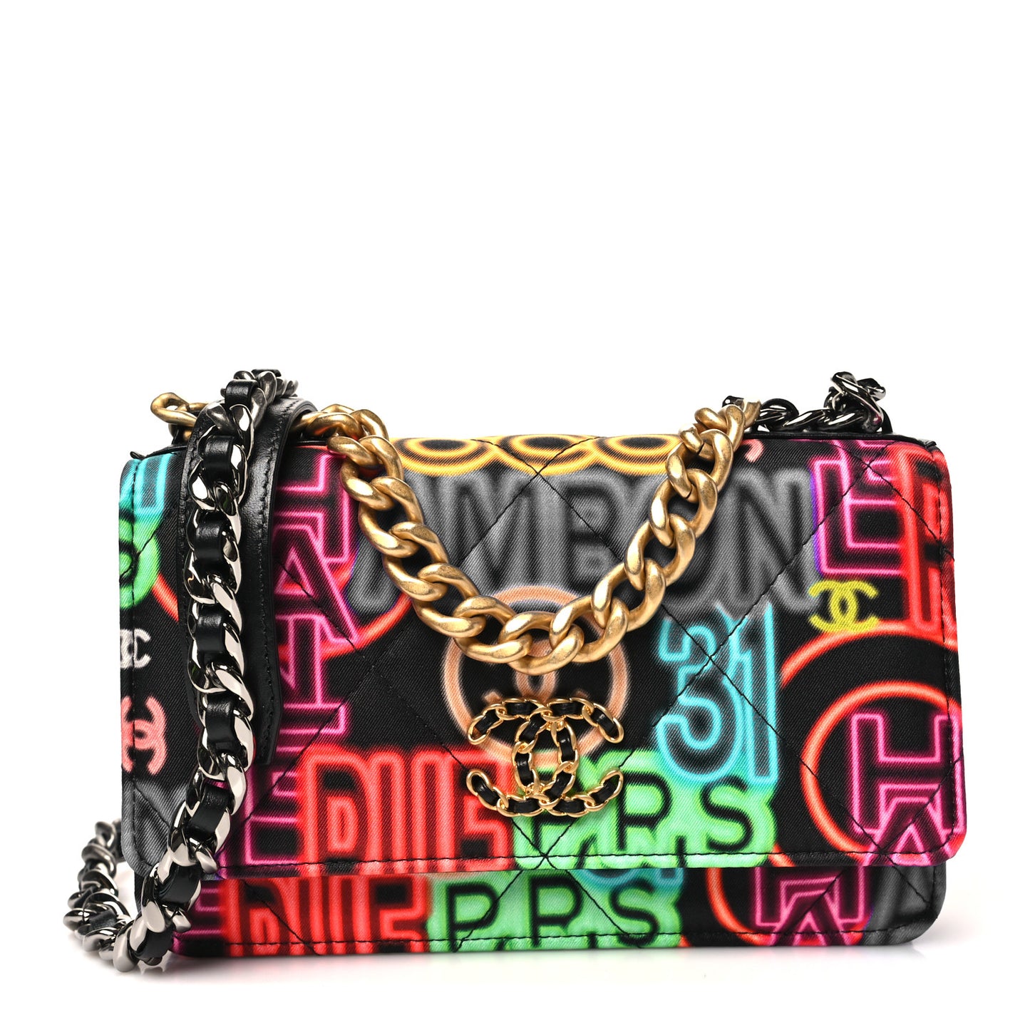 Fabric Printed Chanel 19 Wallet On Chain WOC Black Multicolor