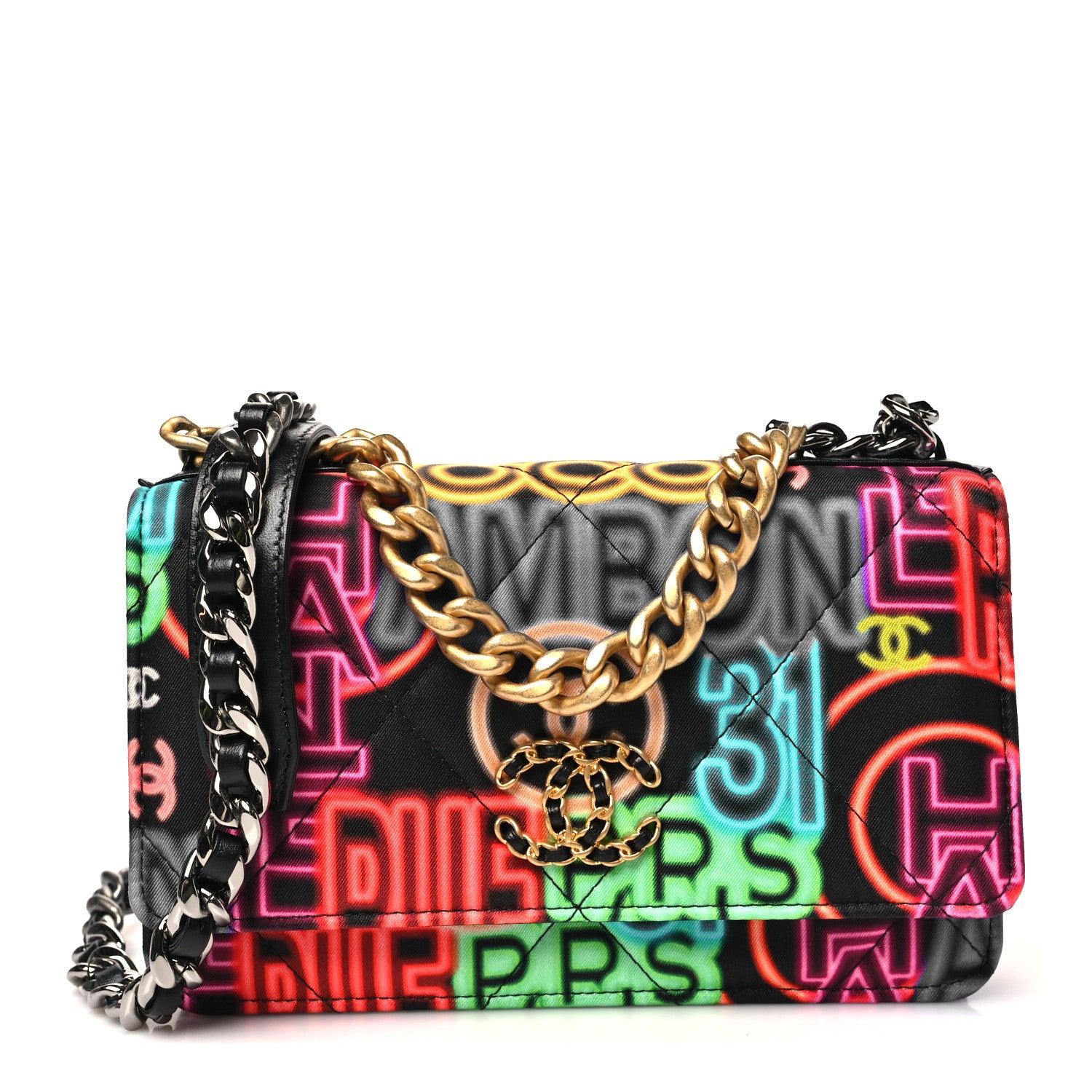 Chanel Fabric Printed Chanel 19 Wallet On Chain WOC Black Multicolor 1 of 12