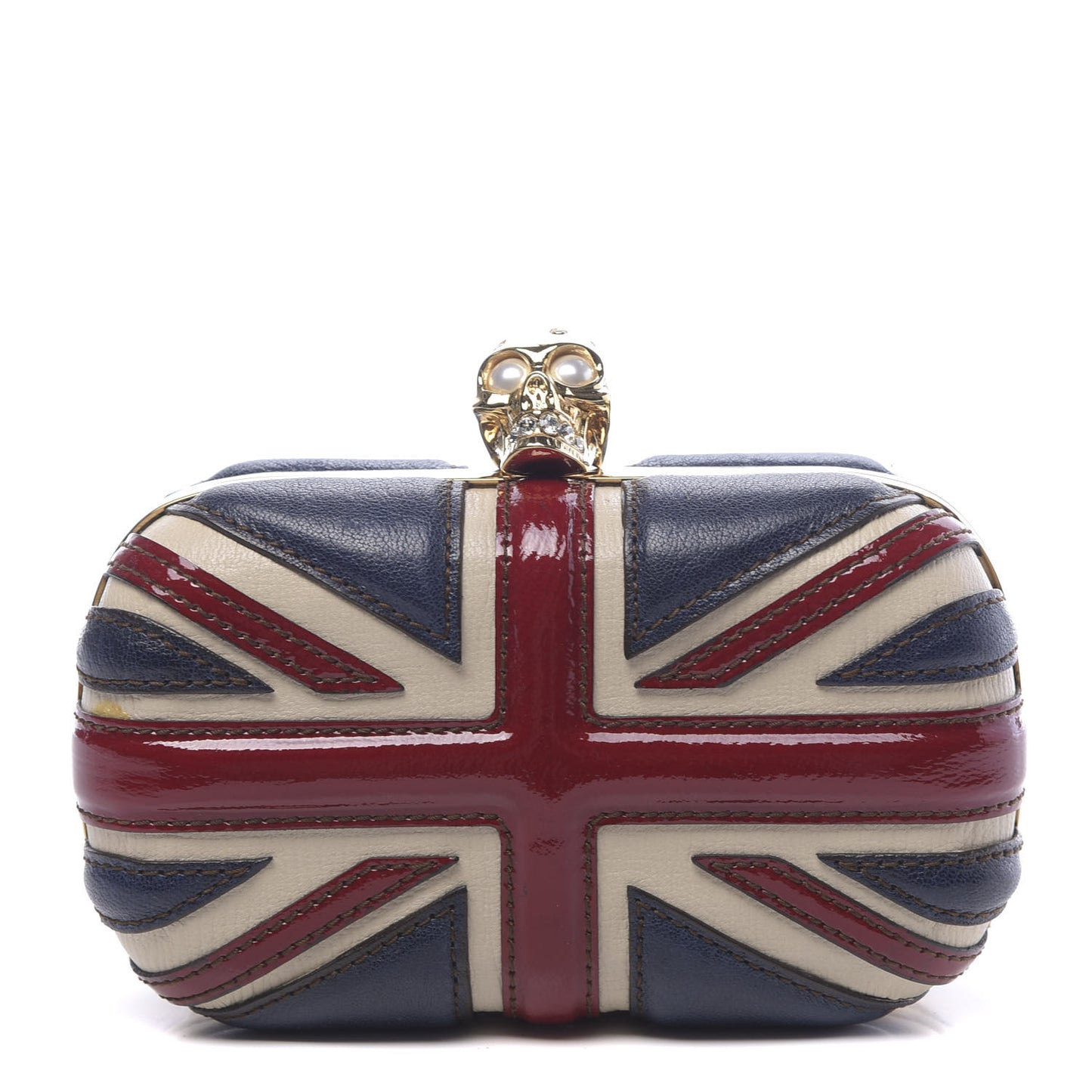 Patent Calfskin Britannia Skull Box Clutch Red Blue