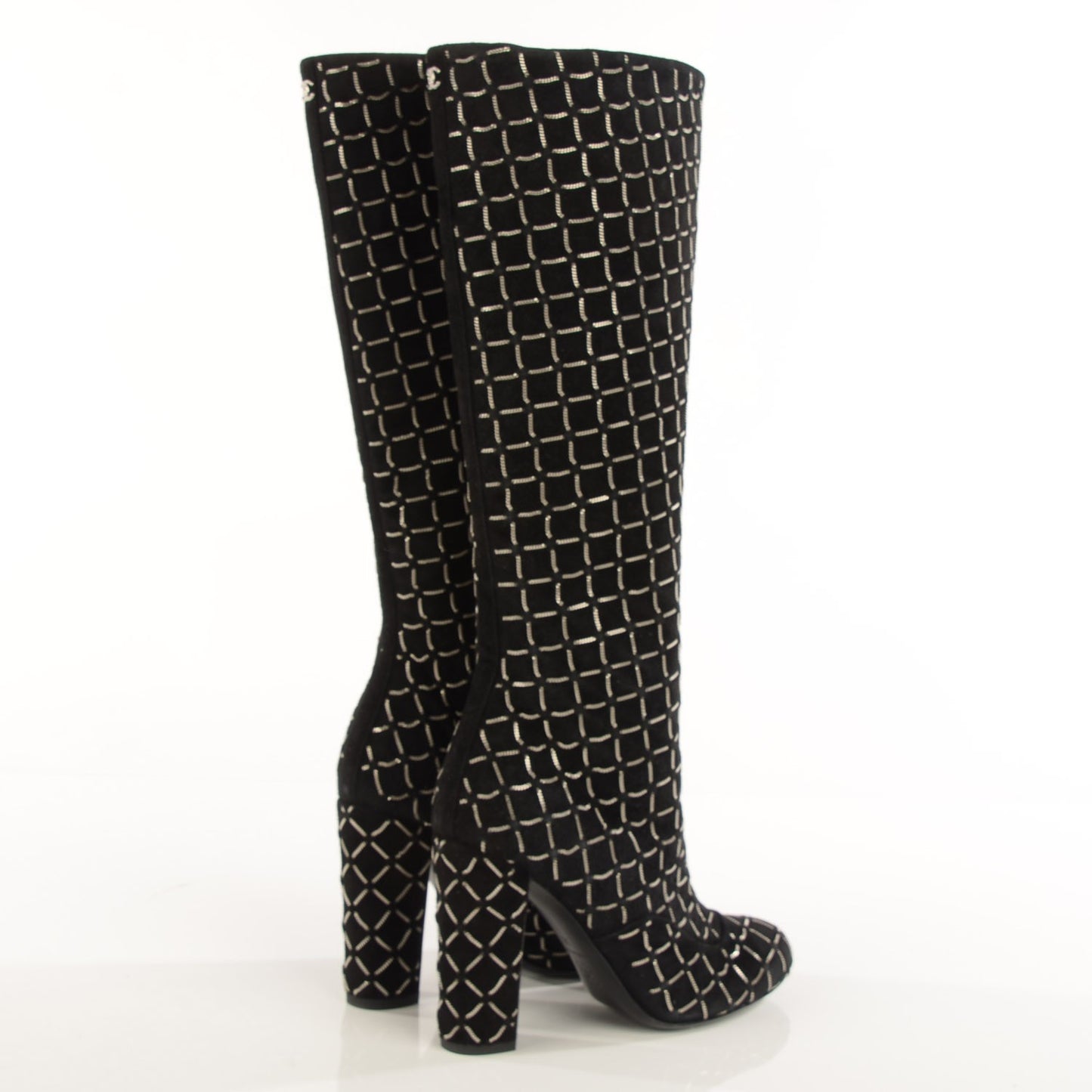 Kid Suede Chain Quilted Knee High Boots 35 Black