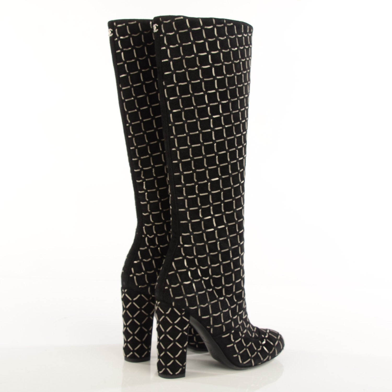 Chanel Kid Suede Chain Quilted Knee High Boots 35 Black 4 of 8
