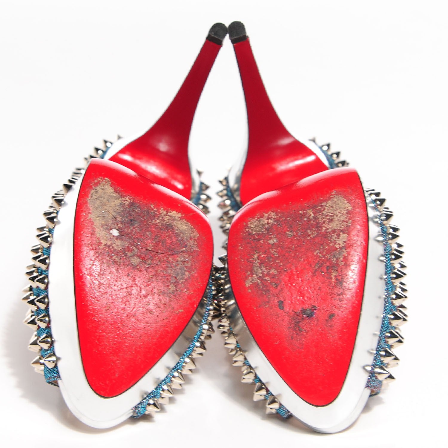 Christian Louboutin Lame Satin Lady Peep Spikes 150 Pumps 37 Turquoise Violet Silver 5 of 5