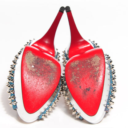 Christian Louboutin Lame Satin Lady Peep Spikes 150 Pumps 37 Turquoise Violet Silver 5 of 5