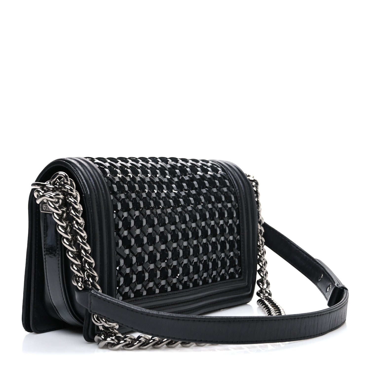 Chanel Calfskin Patent Braided Medium Boy Flap Black 3 of 13