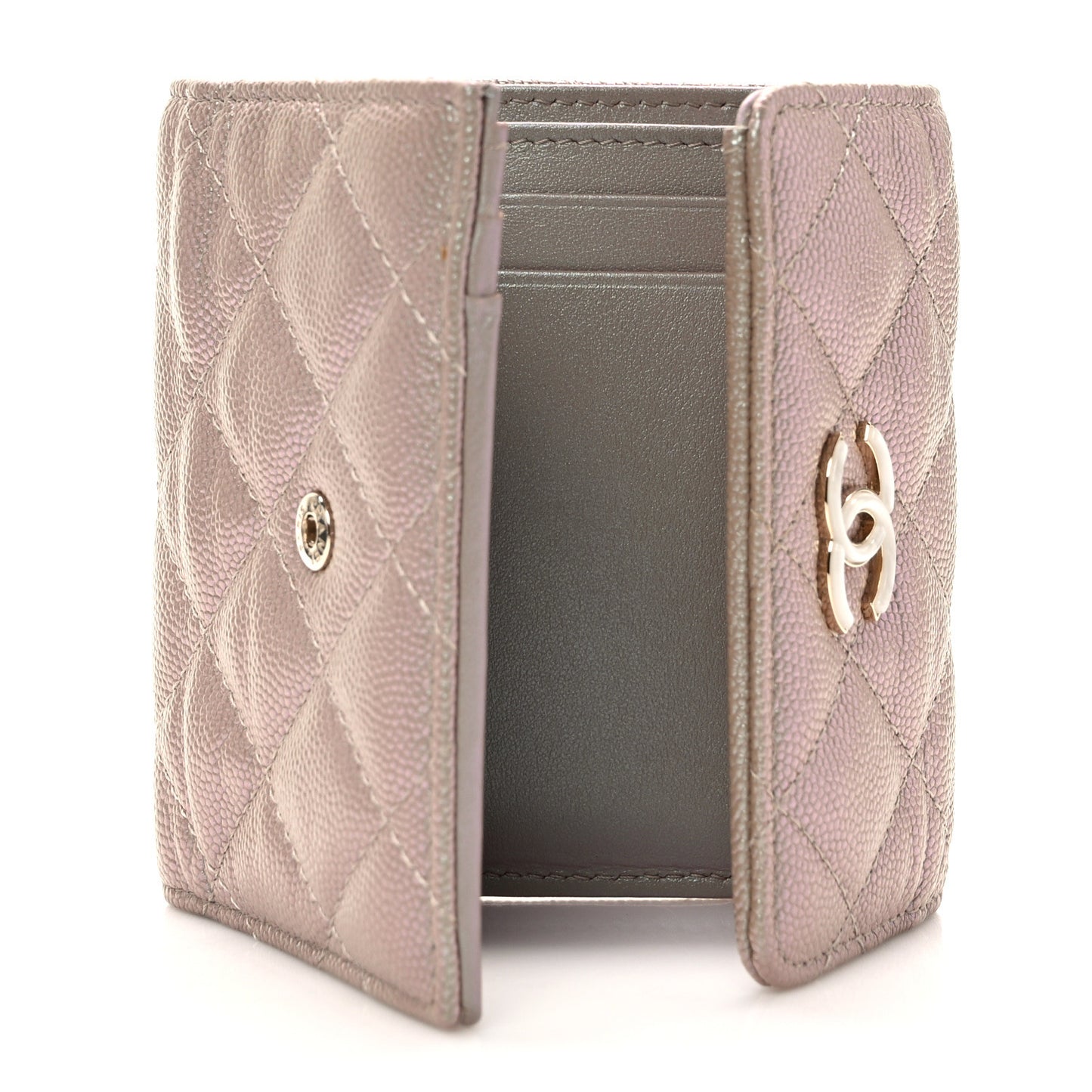 Iridescent Caviar Quilted Small Flap Wallet Beige