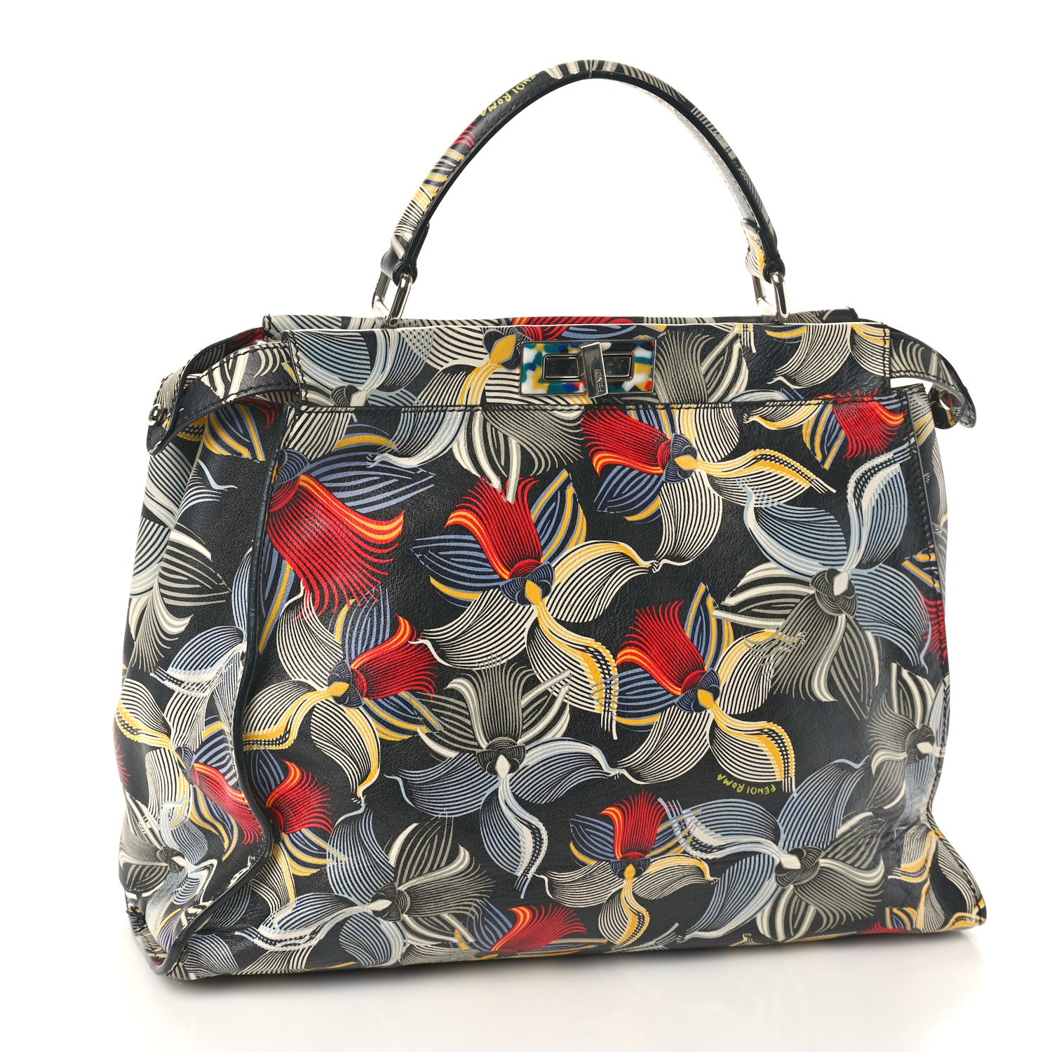Fendi Calfskin Orchid Large Peekaboo Iconic Satchel Black Multicolor 2 of 9