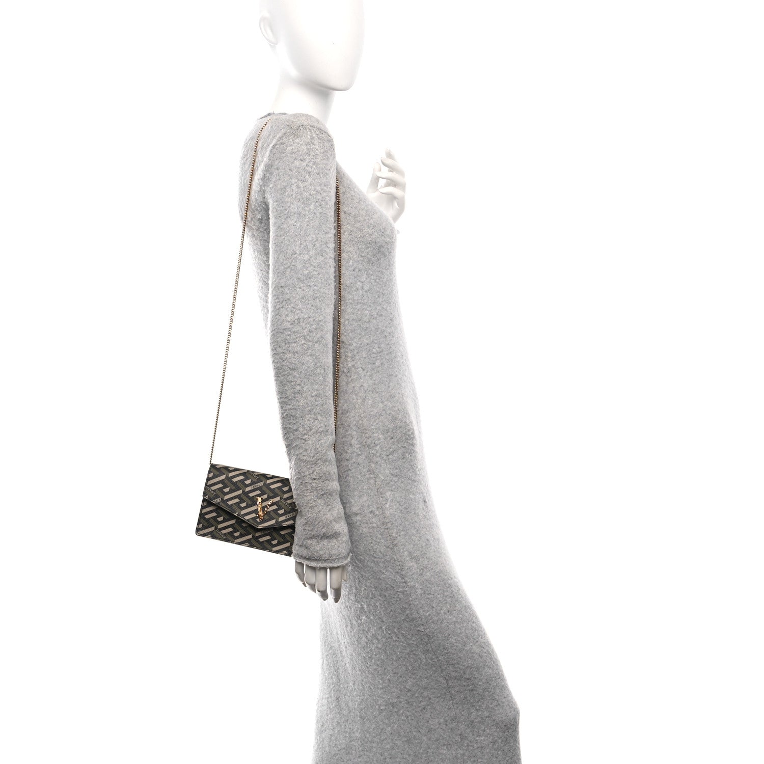 Versace Coated Canvas Virtus La Greca Signature Shoulder Bag Black Khaki 2 of 9