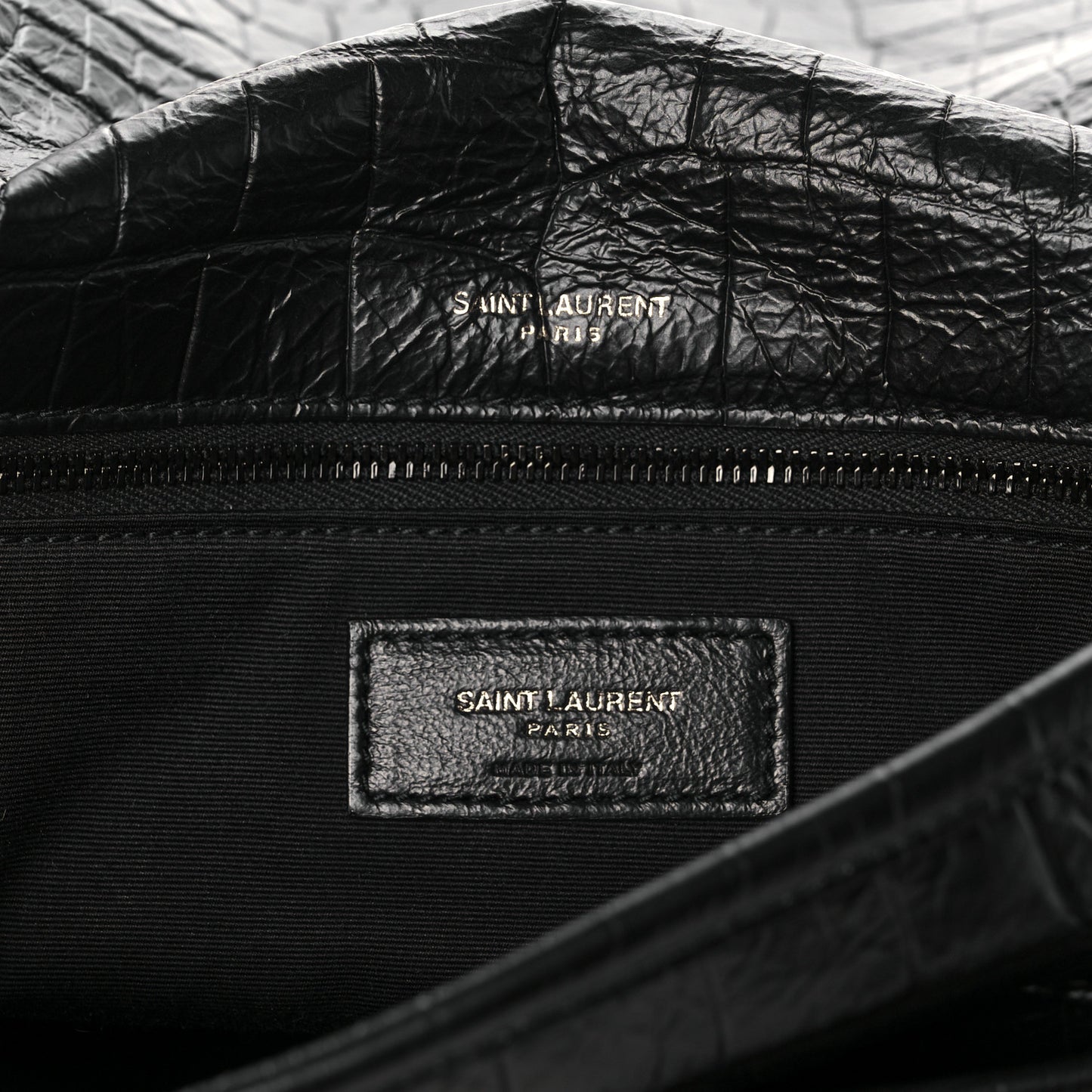 Crocodile Embossed Lambskin Monogram Medium Niki Chain Satchel Black