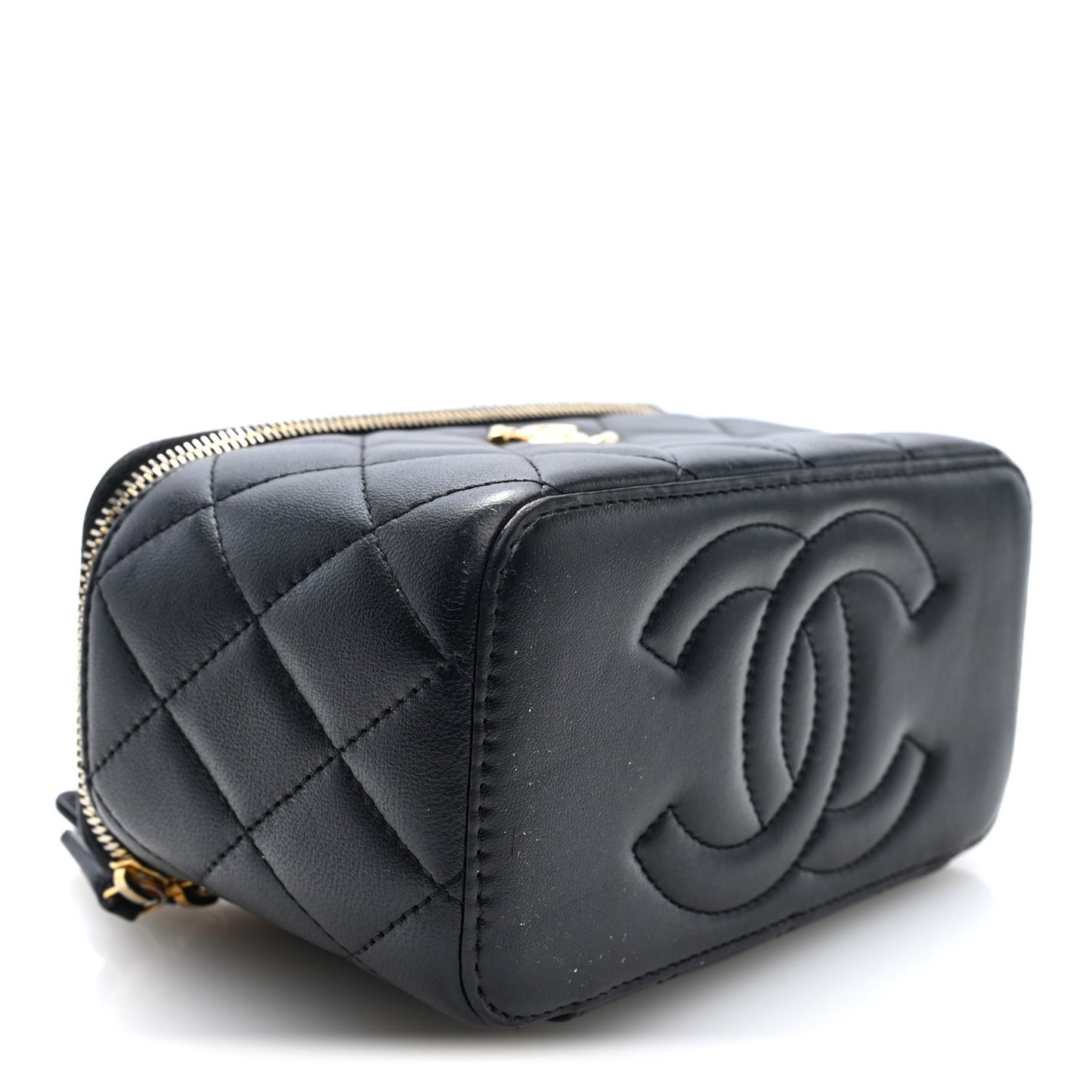 Shiny Lambskin Quilted Small Metal Wood Top Handle Vanity Case With Chain Black