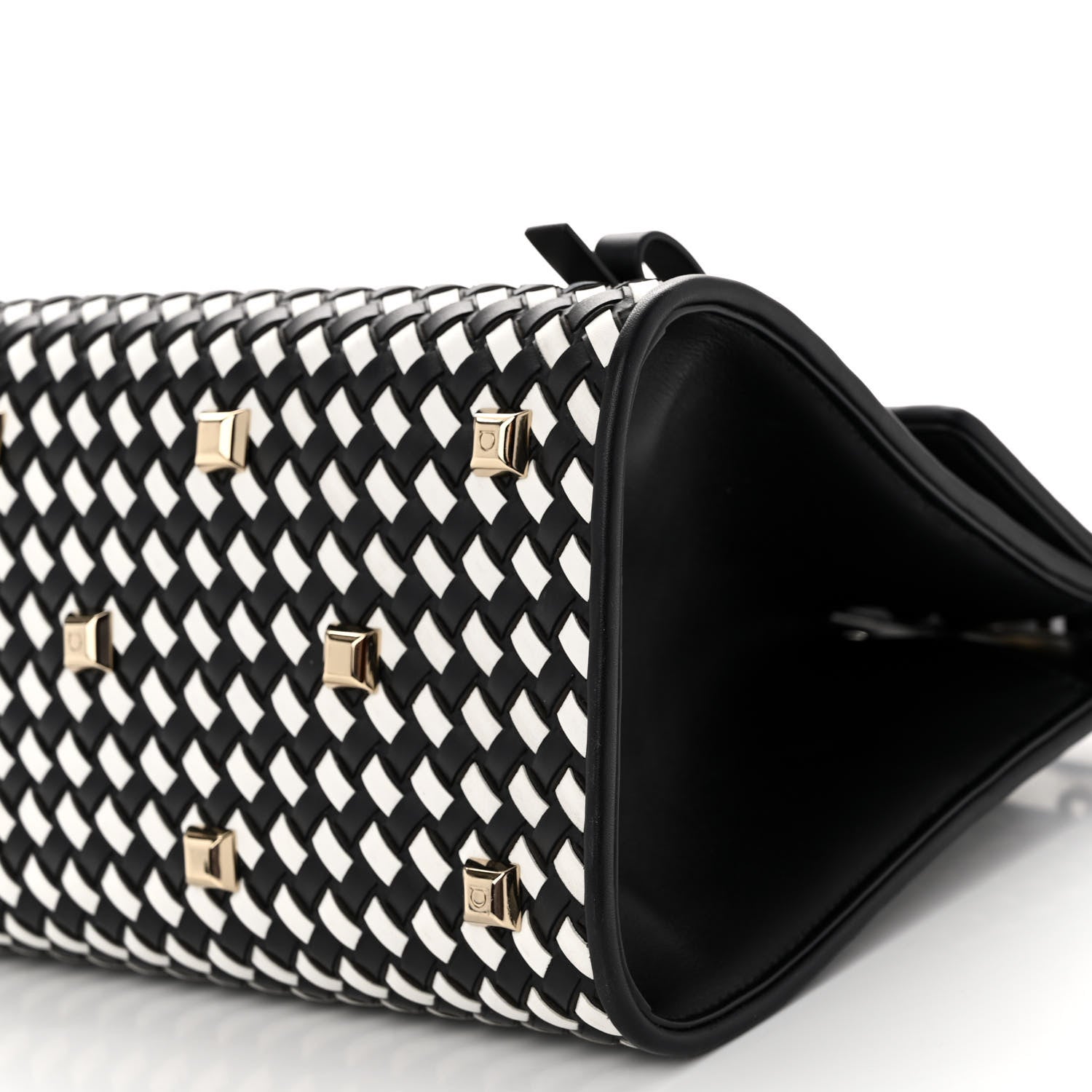 Salvatore Ferragamo Woven Calfskin Medium Studio Top Handle Bag Black White 9 of 9
