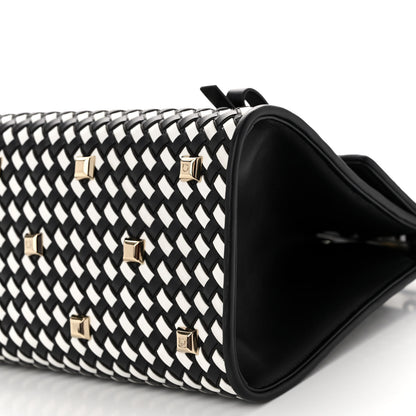 Salvatore Ferragamo Woven Calfskin Medium Studio Top Handle Bag Black White 9 of 9