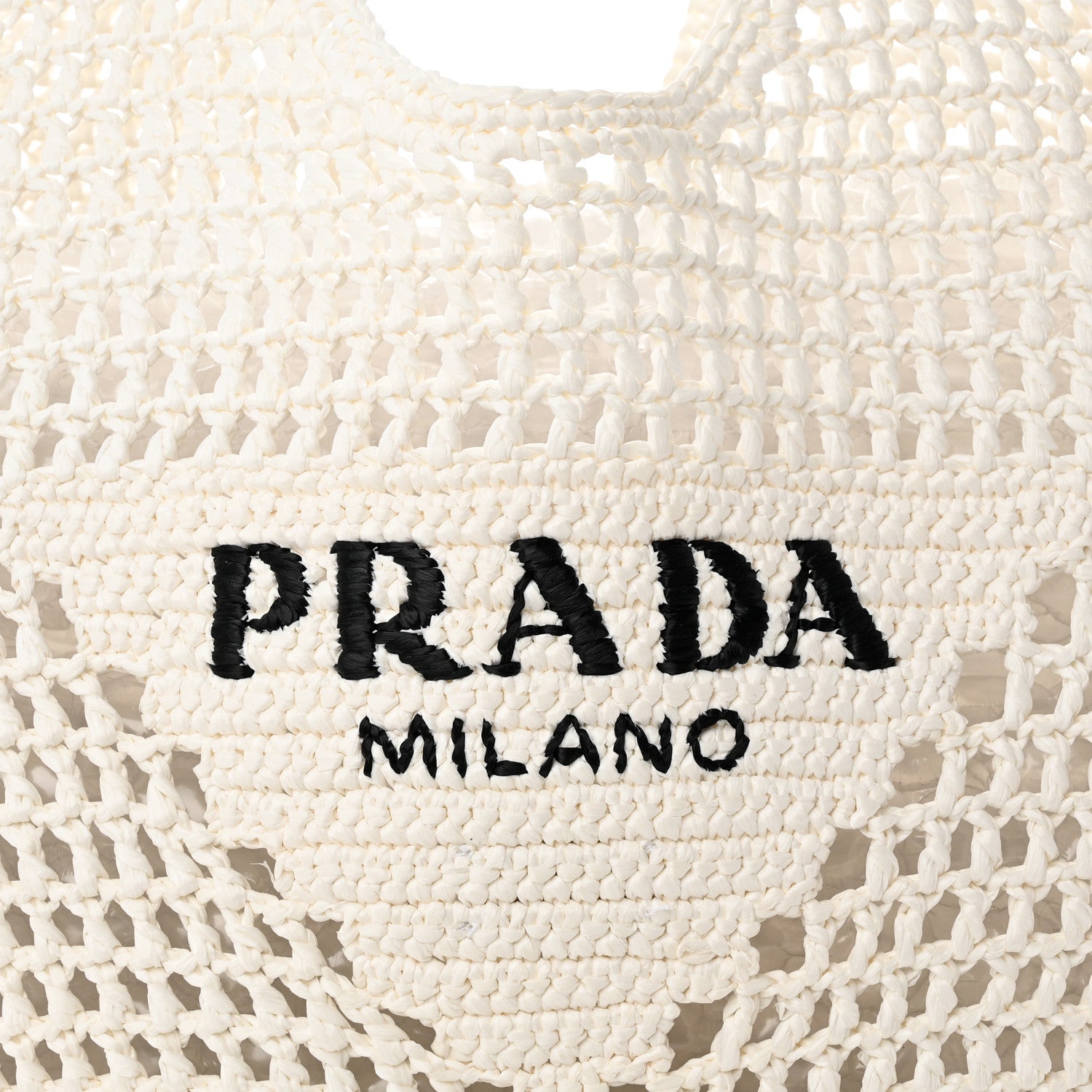 Prada Yarn Raffia Effect Crochet Logo Embroidered Shopping Tote Bag White 8 of 10