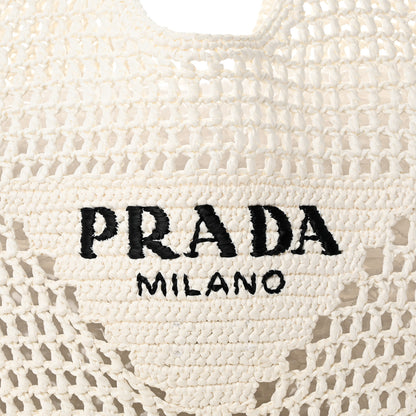 Prada Yarn Raffia Effect Crochet Logo Embroidered Shopping Tote Bag White 8 of 10