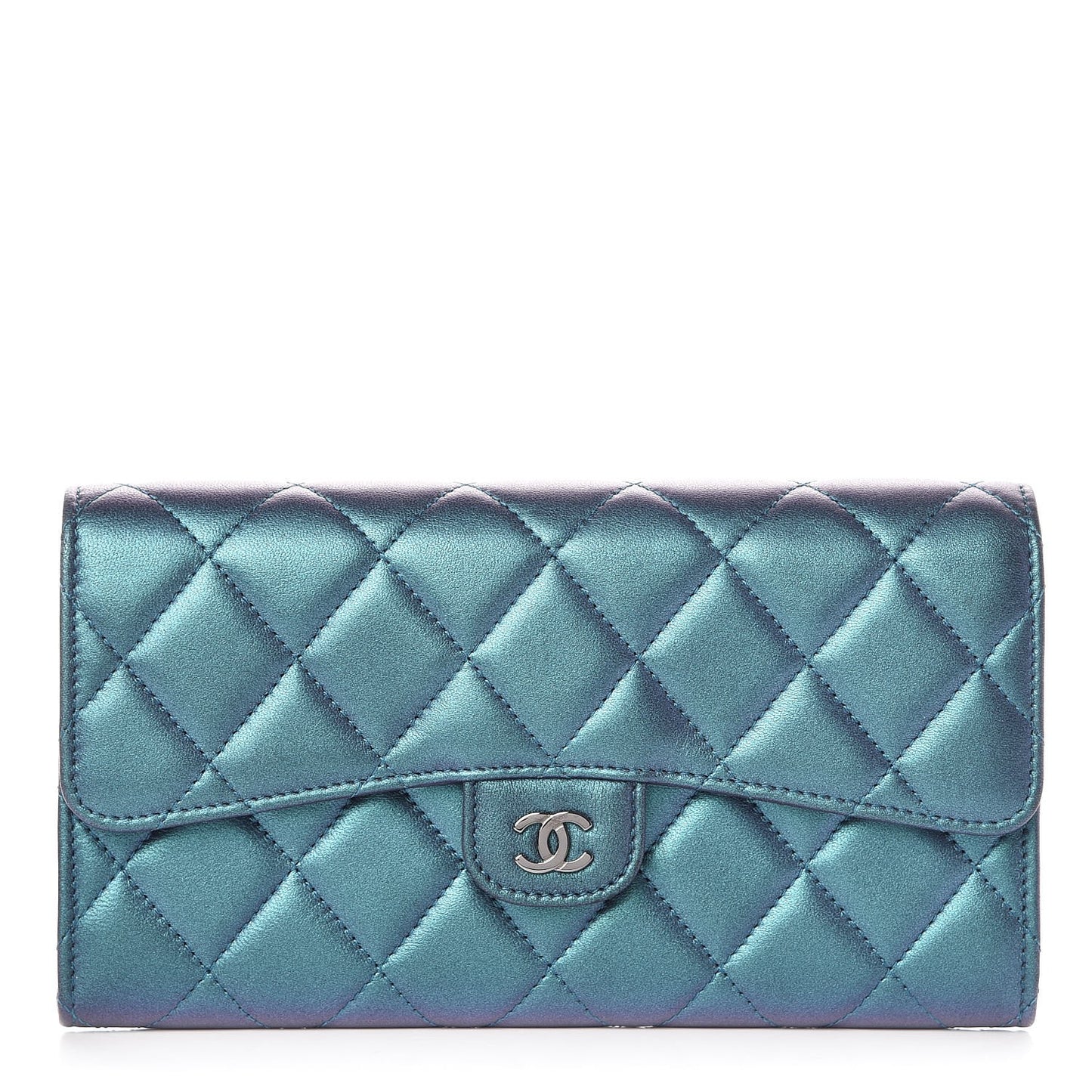 Metallic Lambskin Quilted Large Gusset Flap Wallet Turquoise