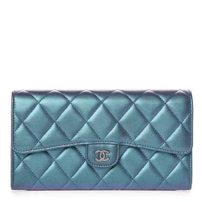 Chanel Metallic Lambskin Quilted Large Gusset Flap Wallet Turquoise 1 of 8