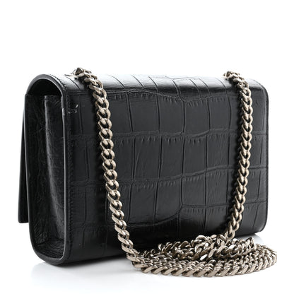 Saint Laurent Calfskin Crocodile Embossed Small Classic Monogram Kate Tassel Satchel Black 3 of 14
