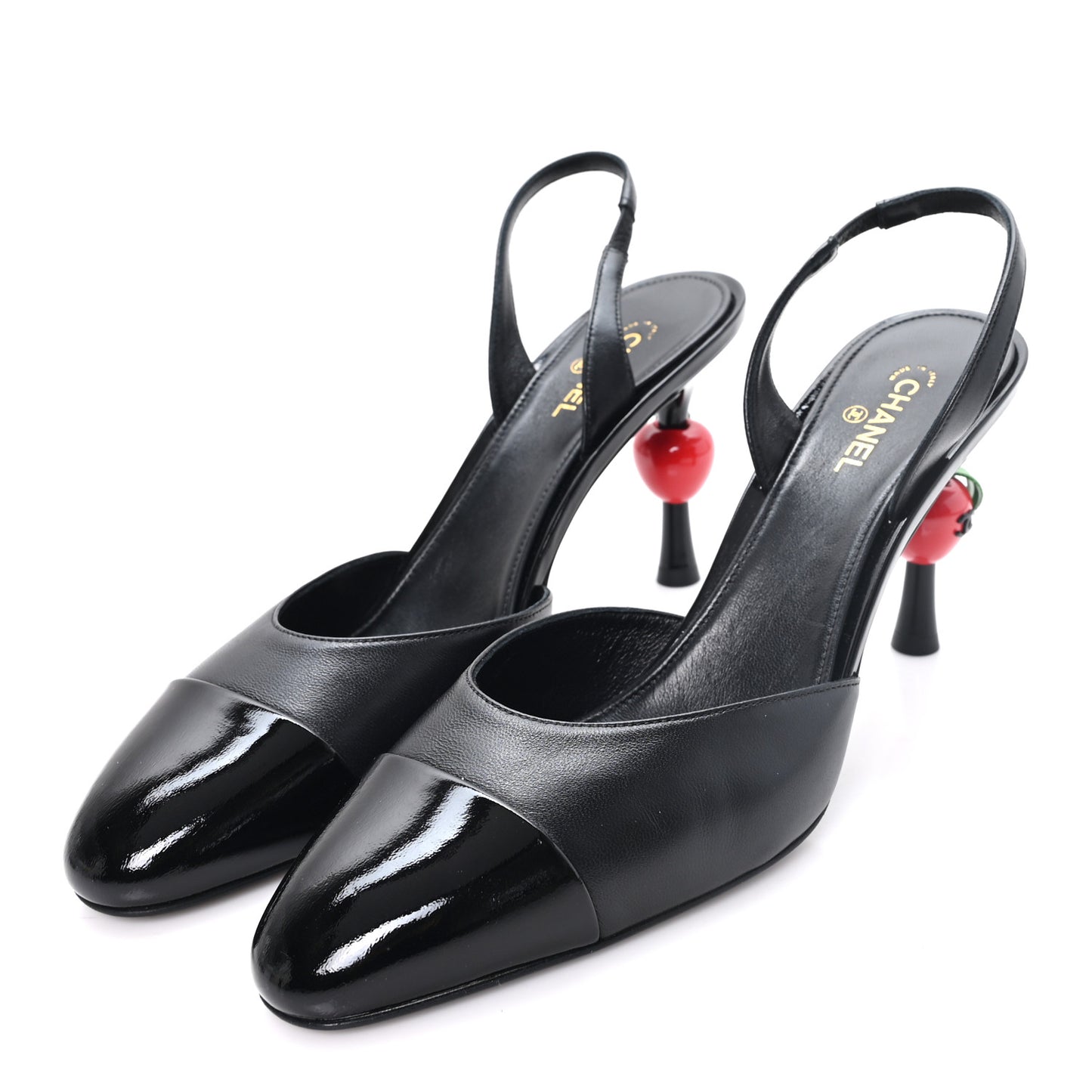 Lambskin Patent Cap Toe CC Apple Slingback Pumps 41 Black