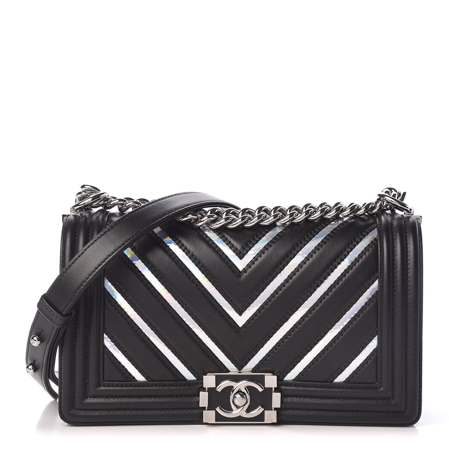 Lambskin Iridescent PVC Chevron Quilted Medium Boy Flap Black Silver