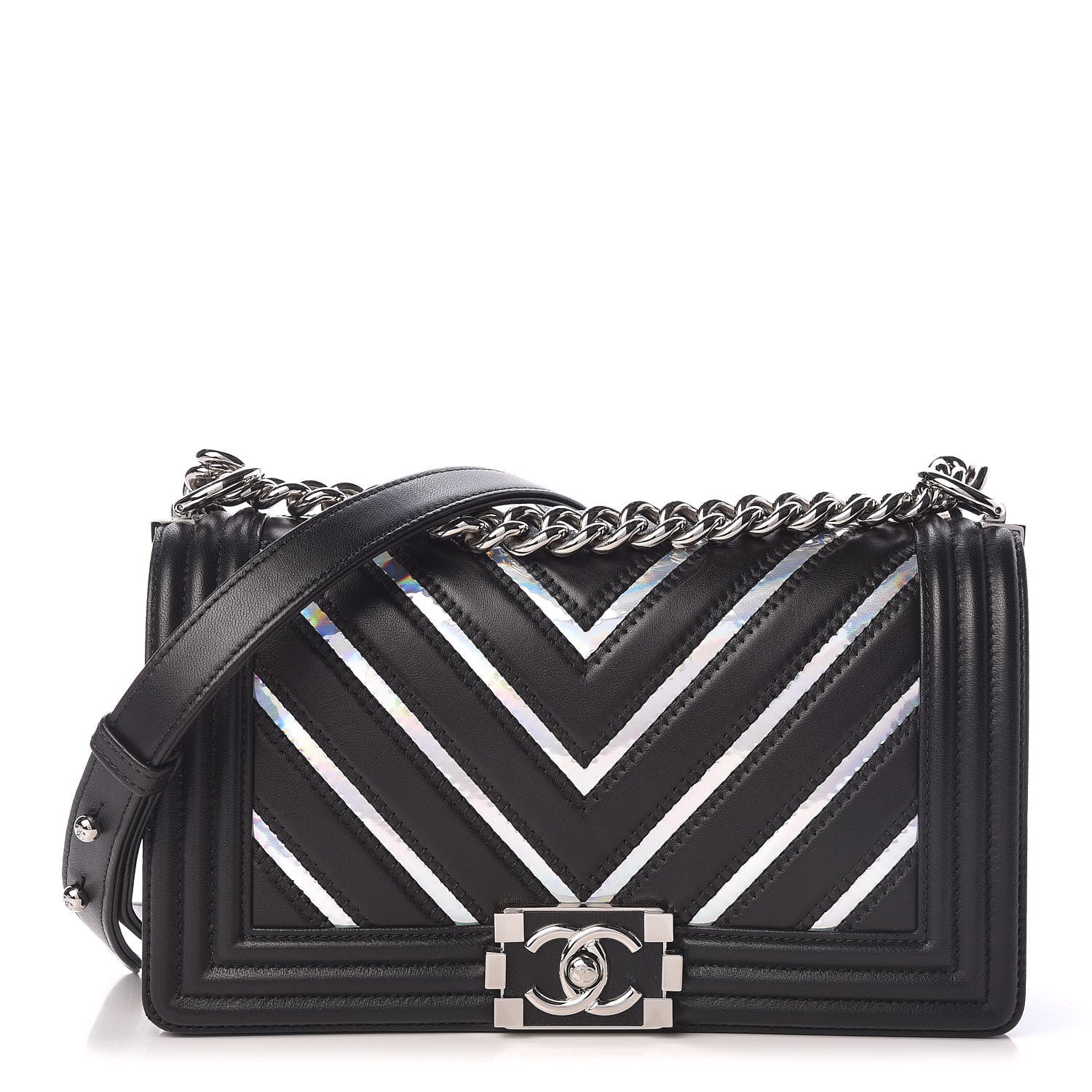 Chanel Lambskin Iridescent PVC Chevron Quilted Medium Boy Flap Black Silver 1 of 12