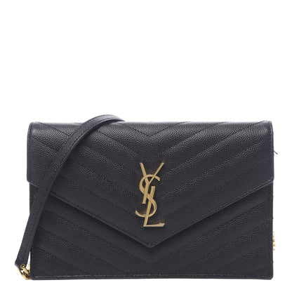 Saint Laurent Grain De Poudre Matelasse Chevron Monogram Envelope Chain Wallet Black 1 of 12
