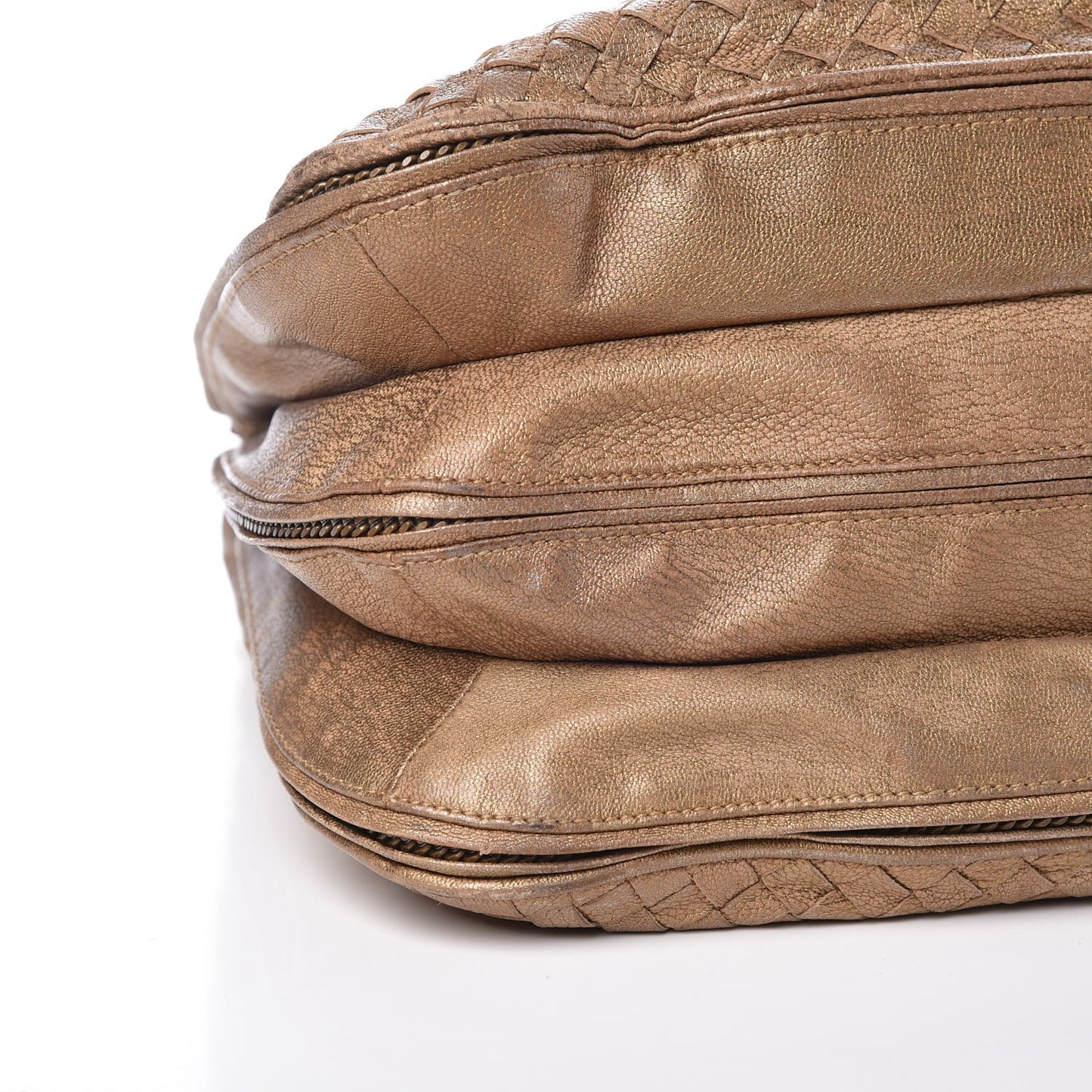 Metallic Goatskin Intrecciato Braided Zip Hobo Gold