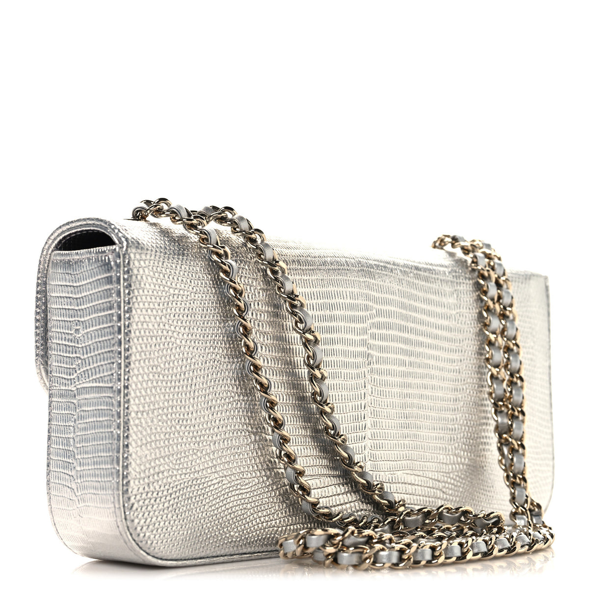 Metallic Calfskin Lizard Embossed Small East West Flap Silver
