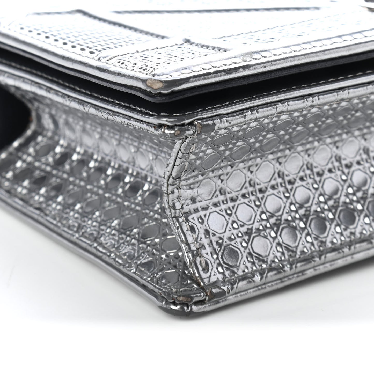 Metallic Patent Micro-Cannage Mini Diorama Flap Bag Silver