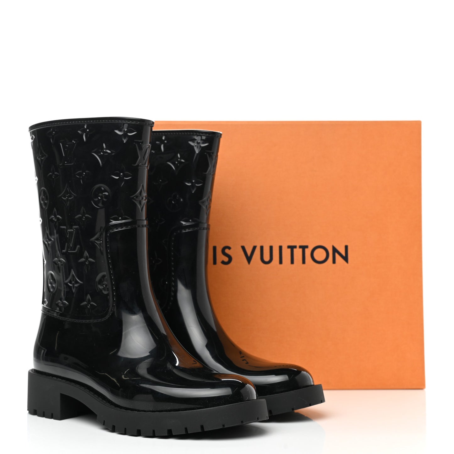 Rubber Embossed Monogram Splash Rain Short Boots 35 Black