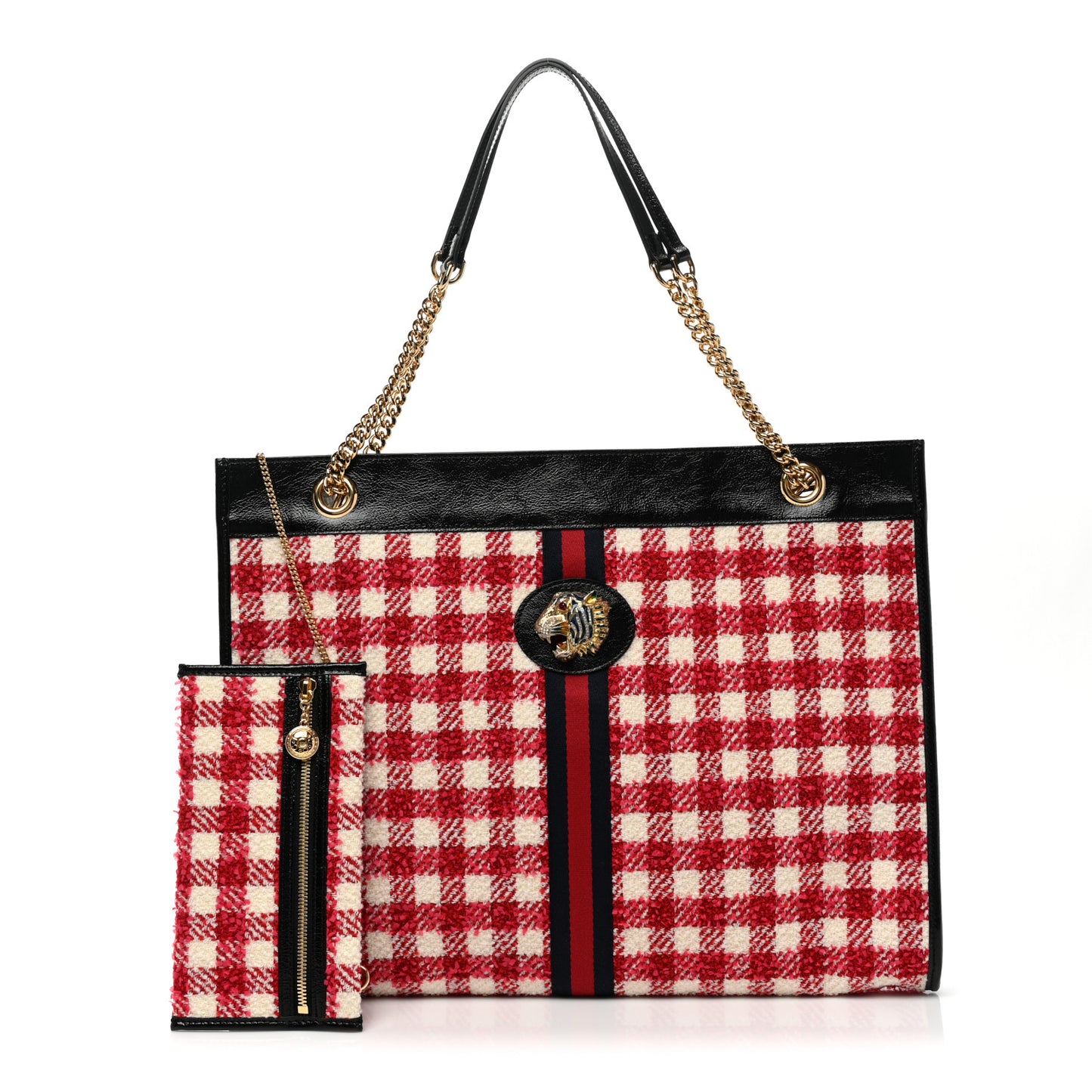 Tweed Check Large Rajah Chain Tote Black Red