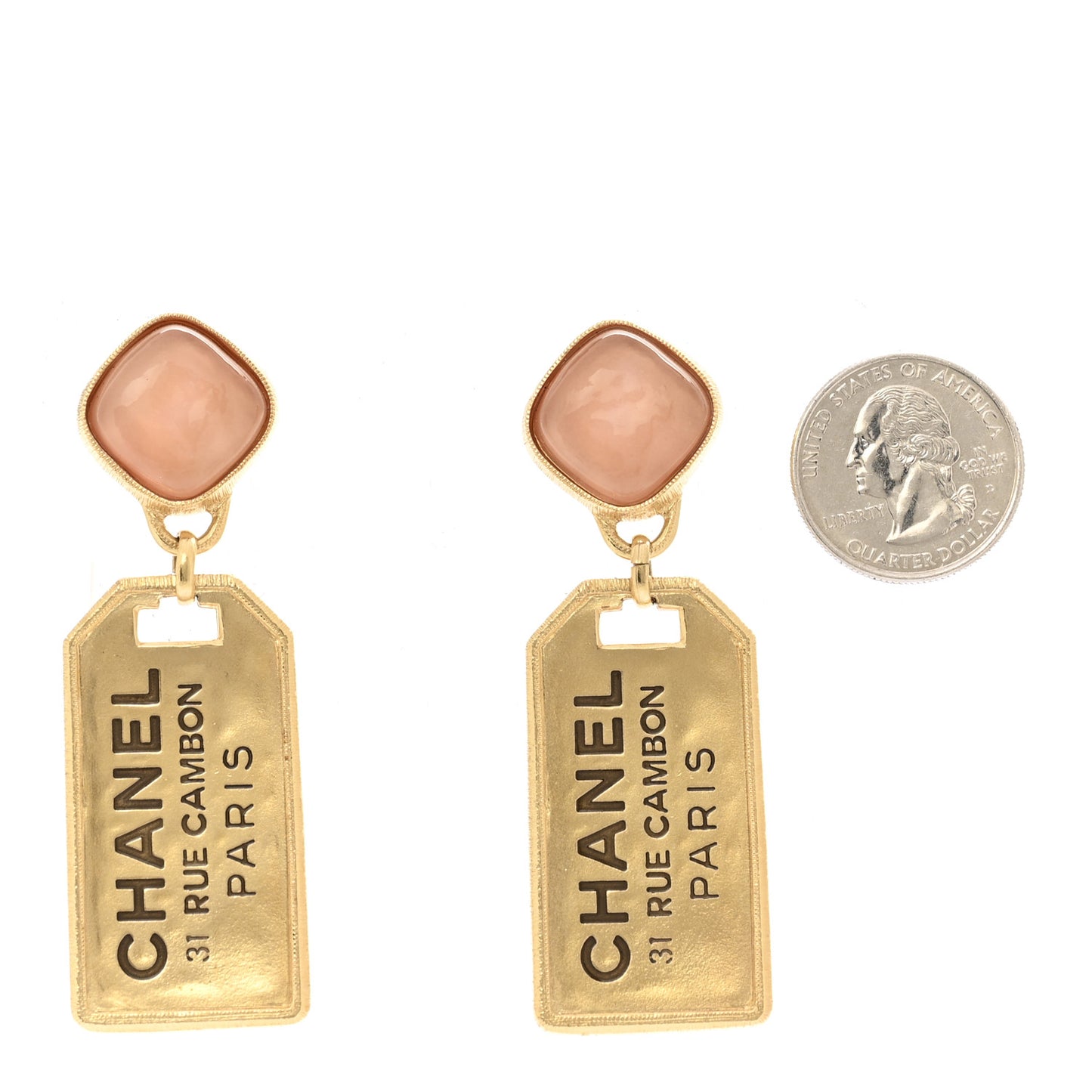 CC Tags Drop Earrings Gold Pink