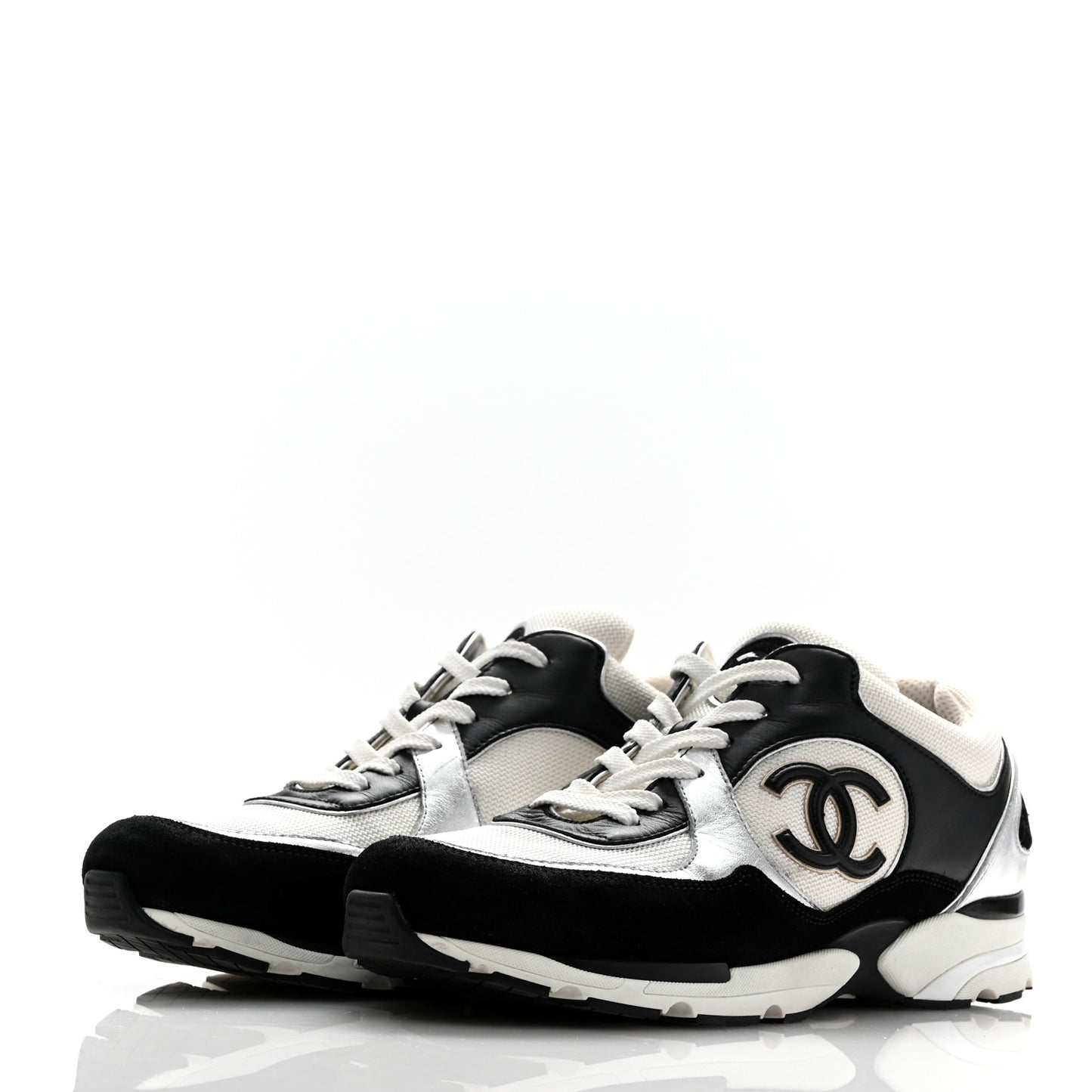 Mesh Suede Calfskin Mens CC Sneakers 44 White Silver Black