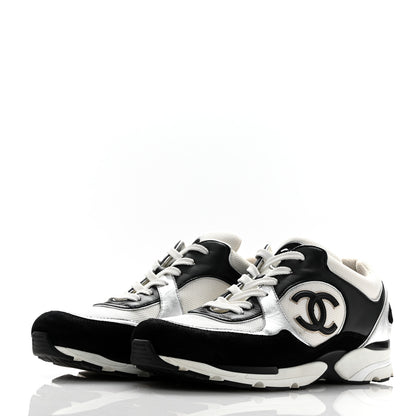 Chanel Mesh Suede Calfskin Mens CC Sneakers 44 White Silver Black 4 of 11