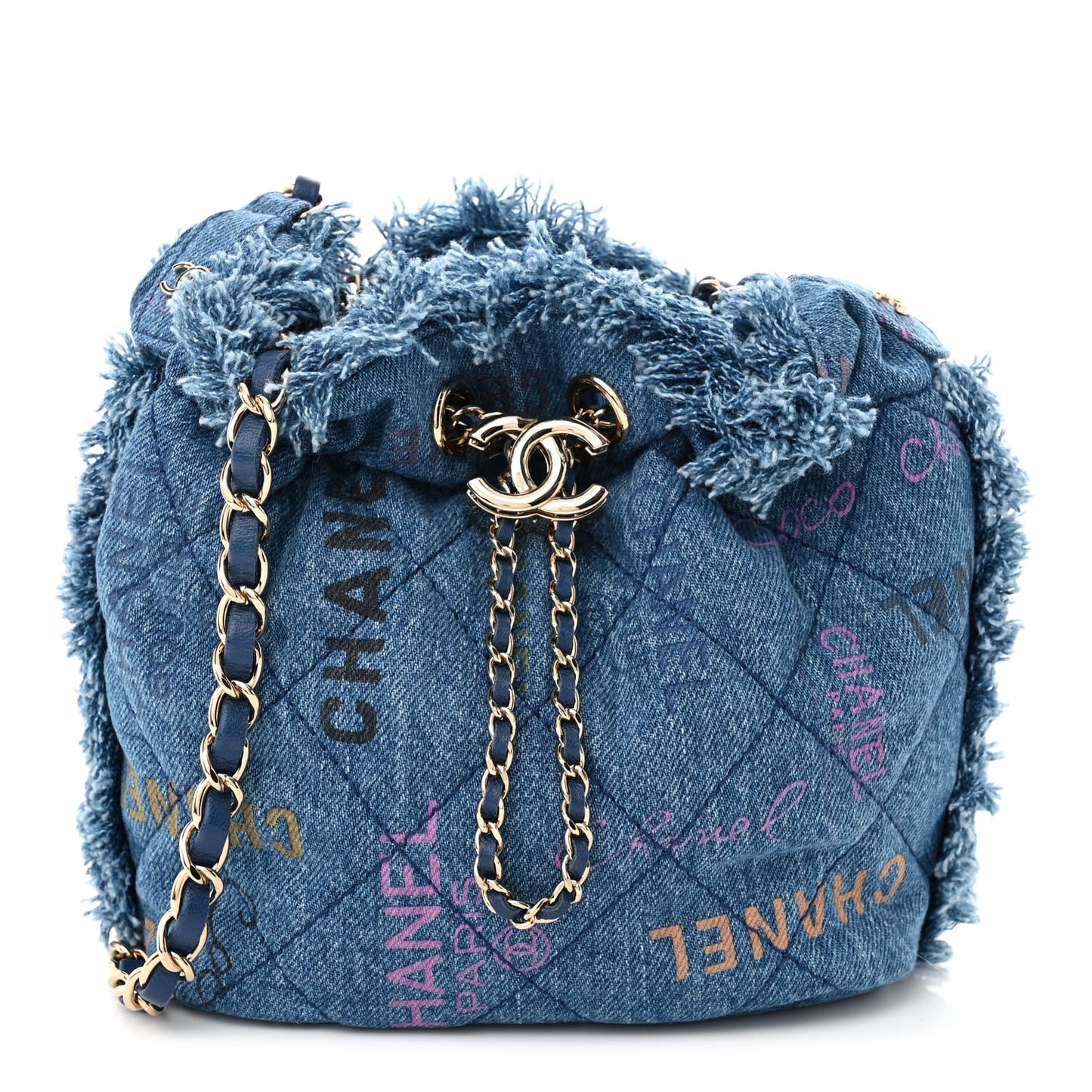 Denim Quilted Small Mood Bucket With Chain Blue Multicolor