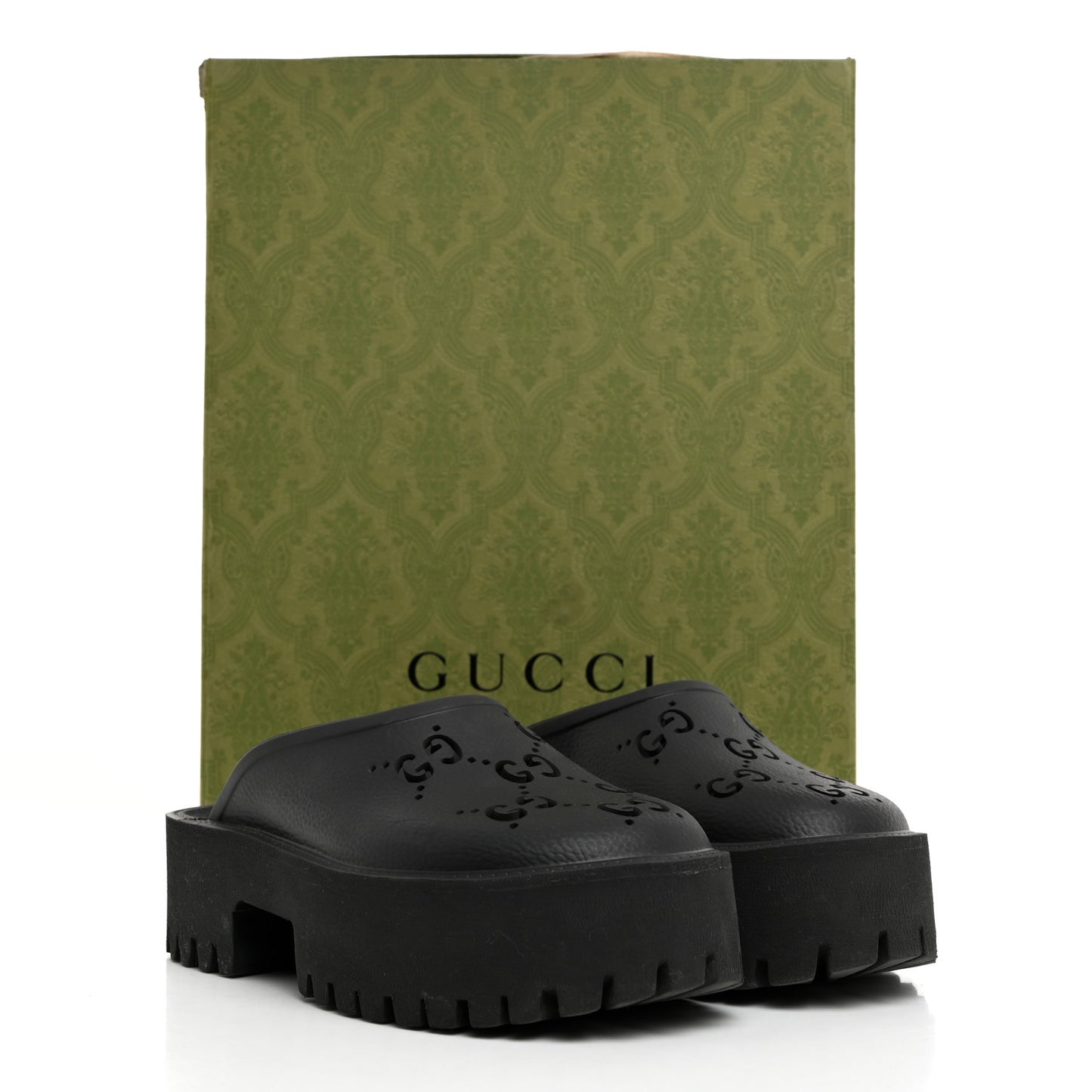 Rubber GG Monogram Perforated Elea Platform 55mm Lug Sole Sandals 35 Black