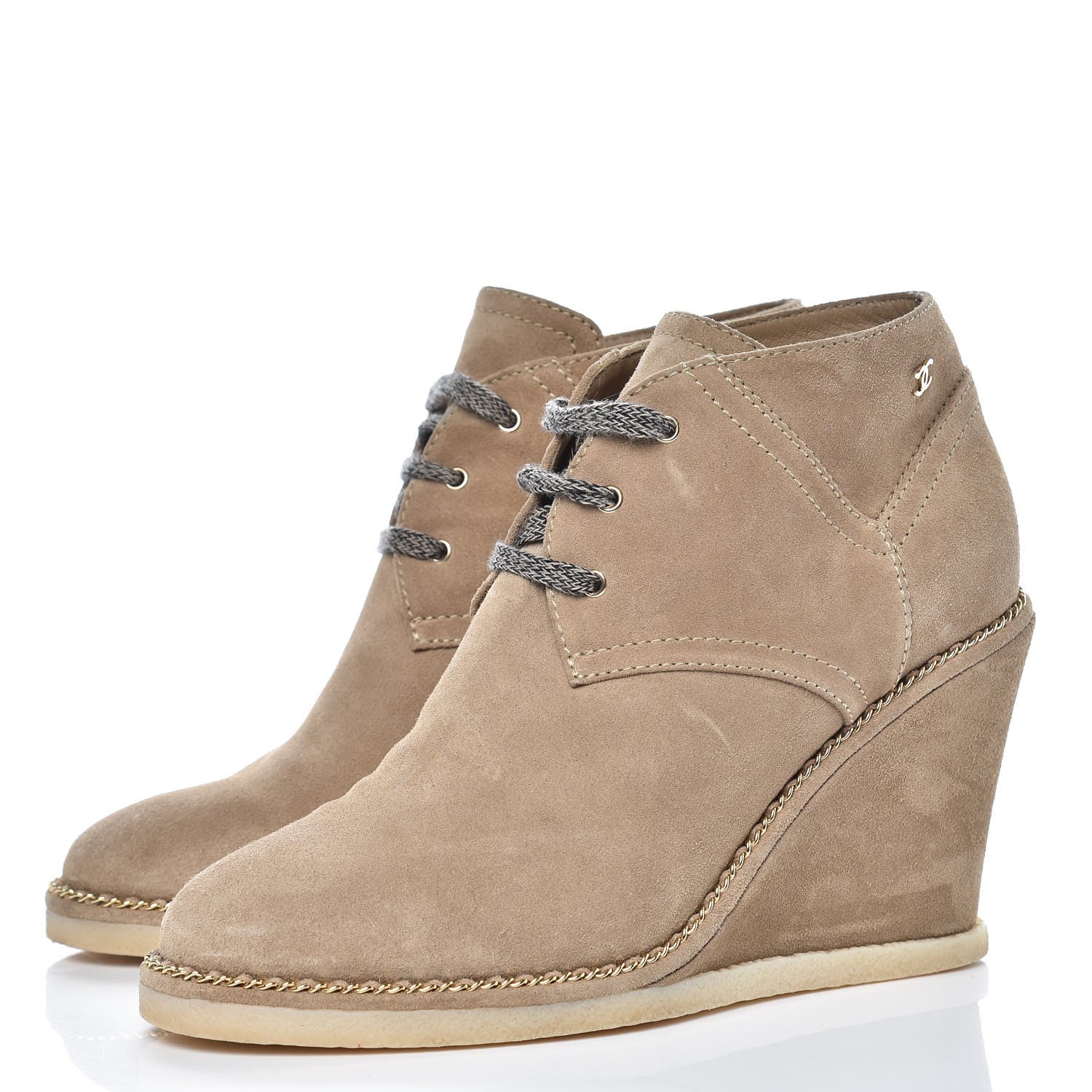 Chanel Suede Calfskin Lace Up Wedge Booties 41 Beige 3 of 10