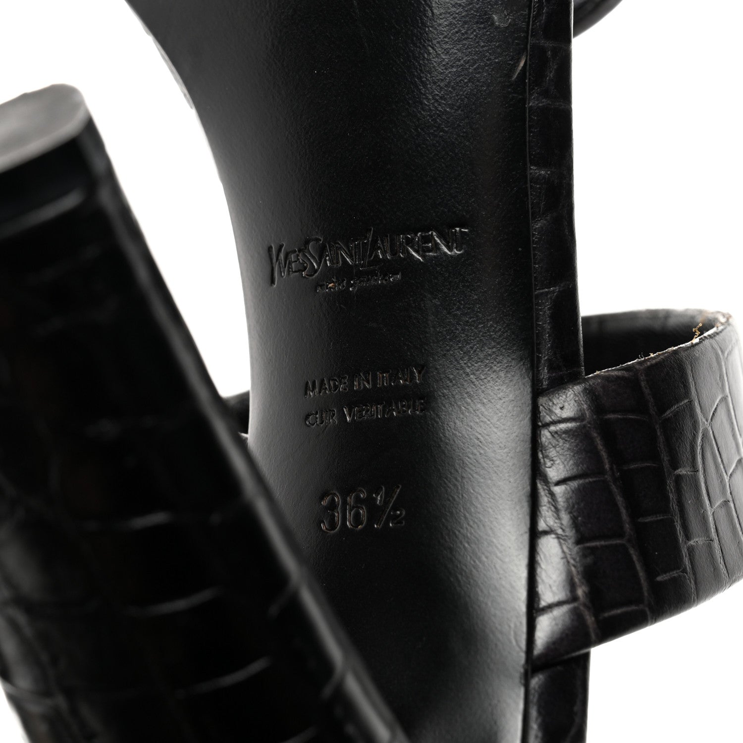 Saint Laurent Calfskin Crocodile Embossed Sandals 36.5 Black 7 of 7